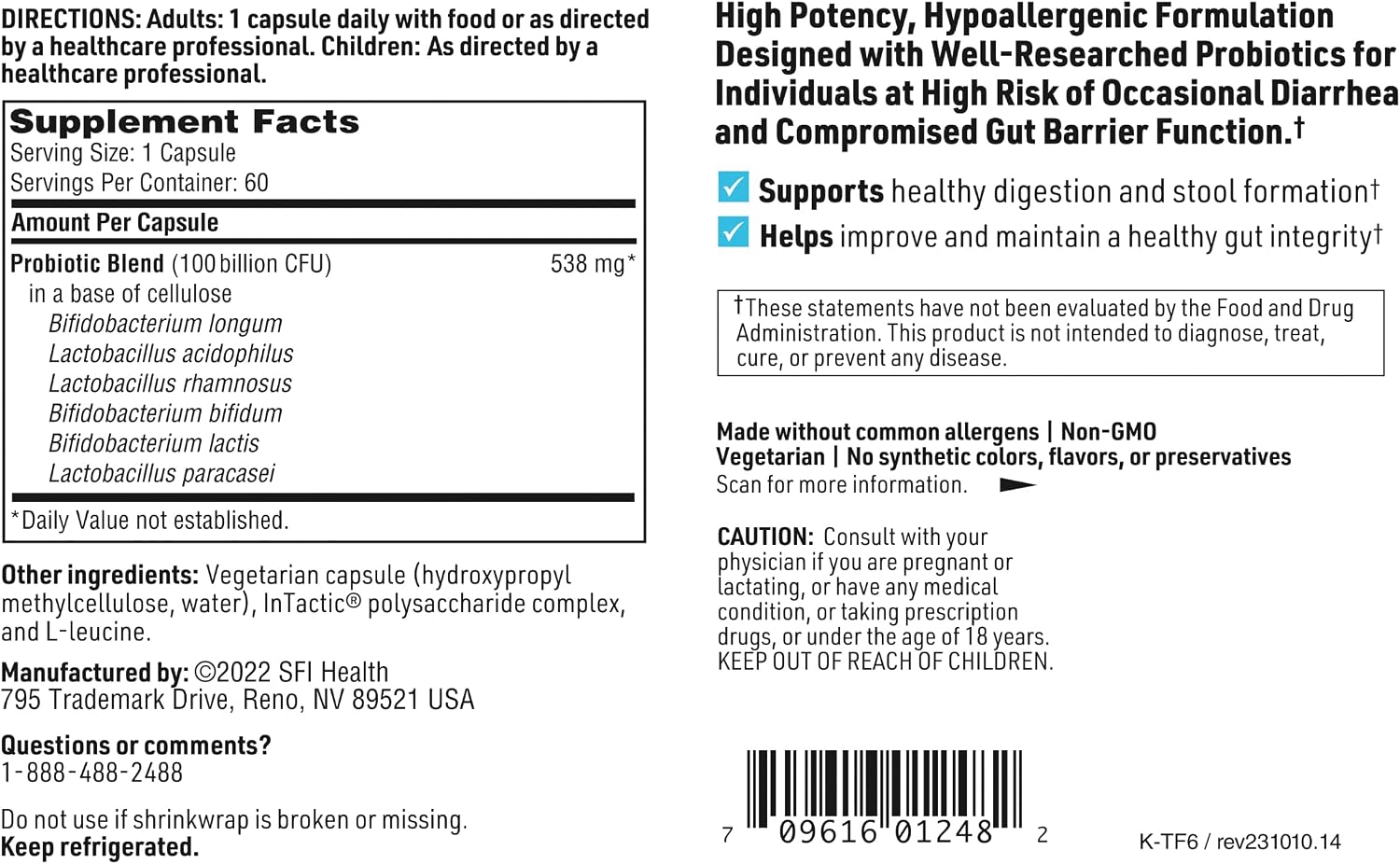 Klaire Labs SFI Health Ther-Biotic Factor 6 Probiotic, 60 Capsules | Supports Immune, Digestive & Colon Health, Ultra-Strength 100 Billion CFU Probiotics for Men & Women, Hypoallergenic
