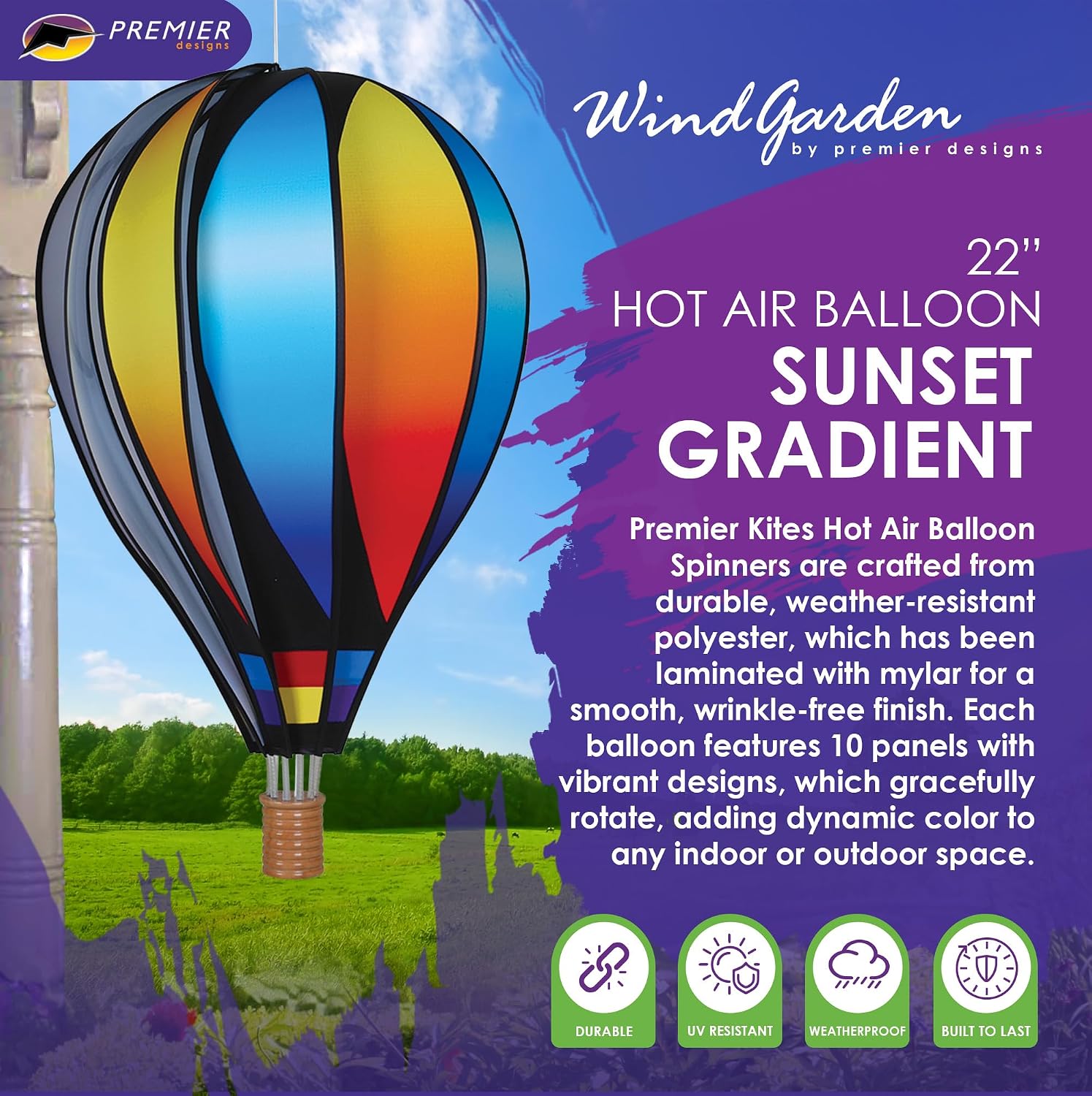 Hot Air Balloon Hanging Garden Spinner 22" - Vibrant Sunset Gradient Design, Weather-Resistant Outdoor Decor, Durable & Lightweight for Patios, Yards