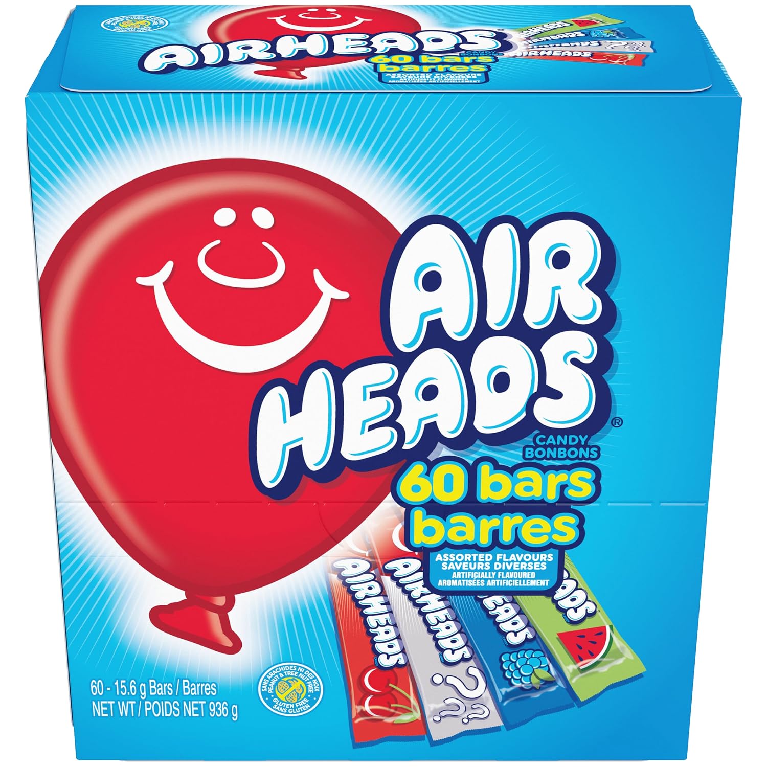 Airheads Full-Size Candy Bars, Assorted Taffy Variety Pack, 60 Count Box | Individually Wrapped Bulk Candy, Six Assorted Fruit Flavors, Artificially Flavored