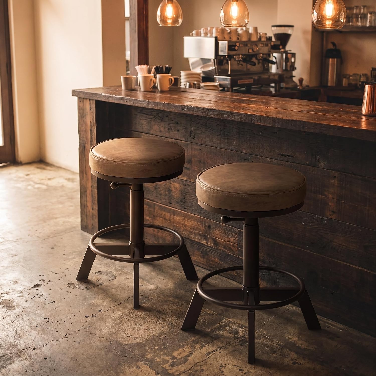 Set of 2 Industrial Bar Stools Short Stool Swivel Wooden Seat Kitchen Island Chairs Counter Height Adjustable 15.2-21inch