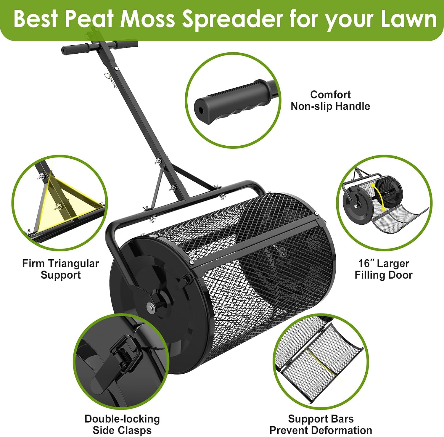 Seeutek Compost Spreader, 24" Peat Moss Spreader with 3 Heights | Push or Tow Top Soil Spreader W/Upgraded Side Latches Support Rod Powder Coated Metal Mesh Top Dressing Spreader for Lawn