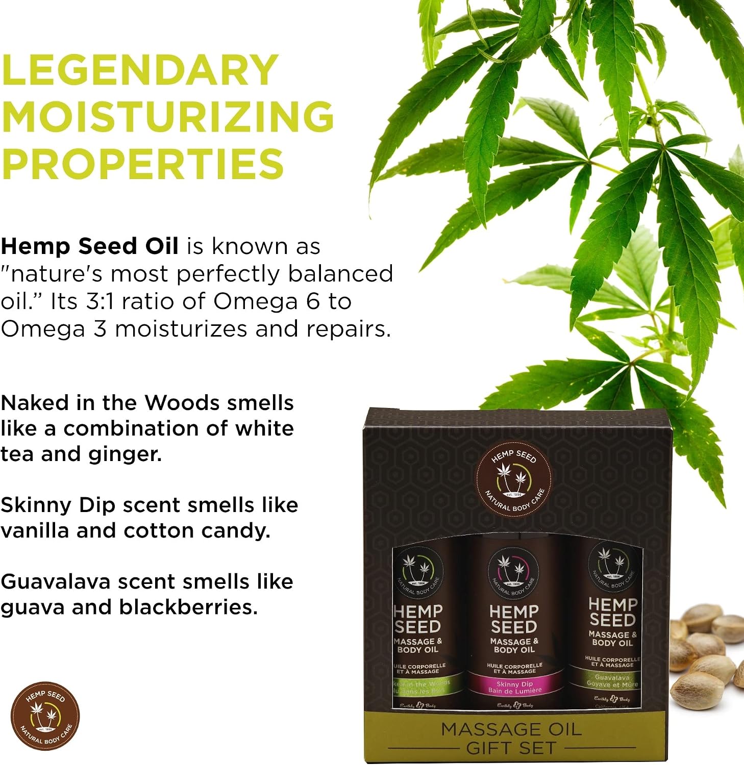 Hemp Seed Massage & Body Oil Gift Set - 2 oz Naked in the Woods, Skinny Dip & Guavalava Scents - with Hemp Seed, Apricot