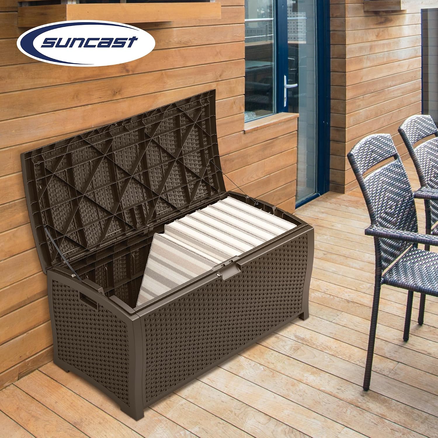 Suncast 99 Gal Wicker Resin Deck Box, Storage Chest Bin with Handles, Java