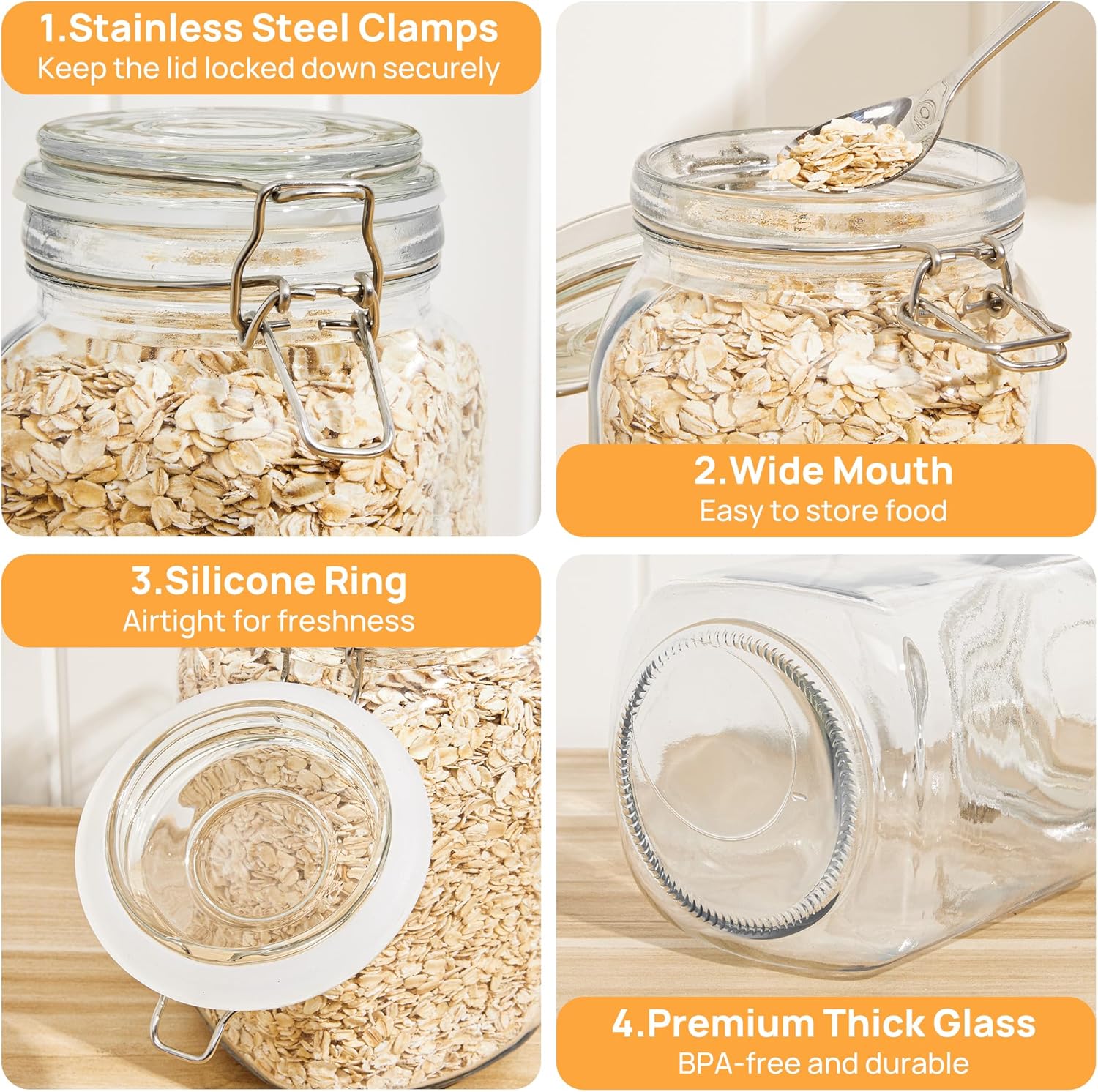 CHEFSTORY 50oz Glass Food Storage Jars with Airtight Clamp Lids, 3 Pack