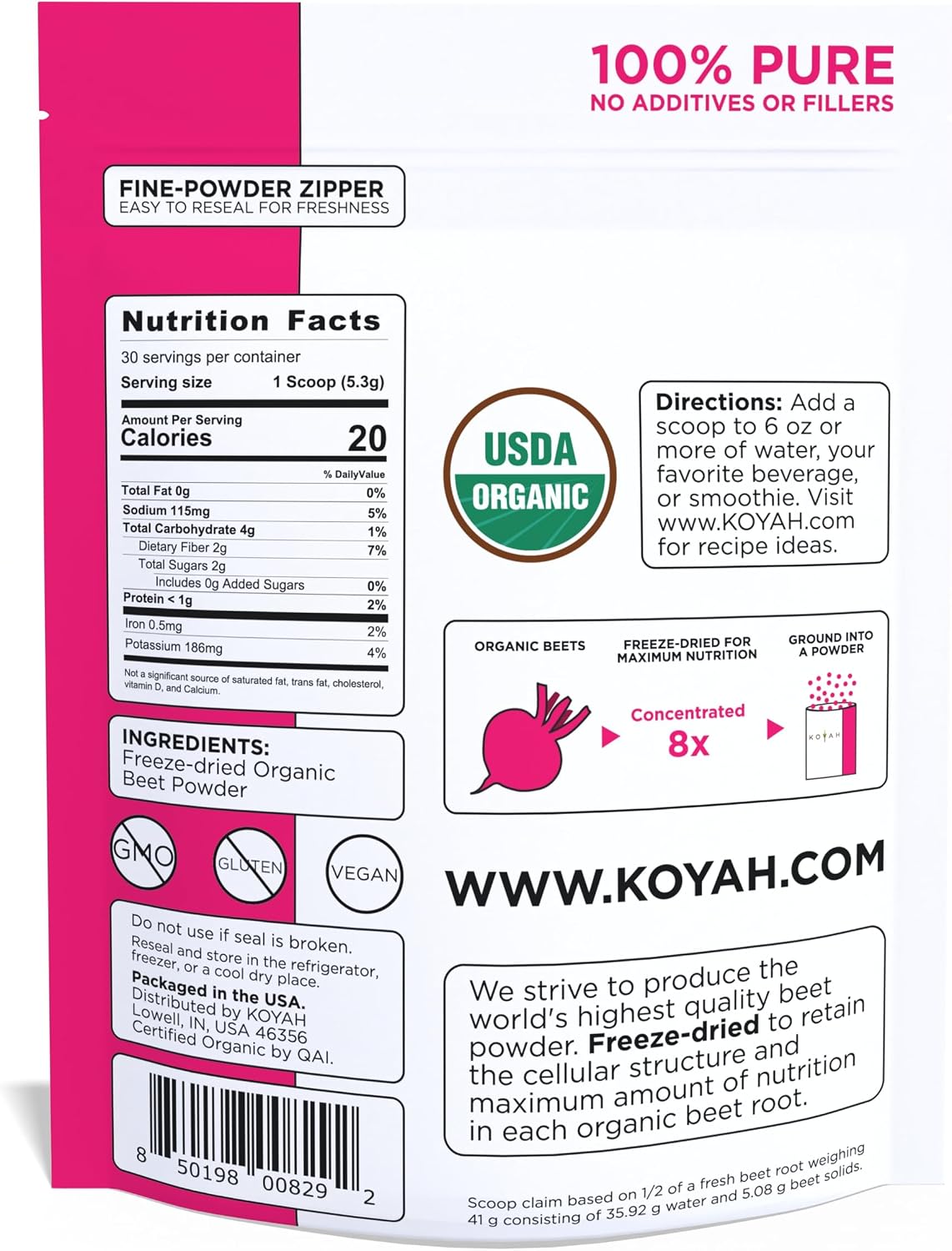 KOYAH - Organic Beet Powder, Freeze-Dried: 30 Servings | 1 Scoop = 1/2 Beet, Whole-Root Powder, 100% Pure Beetroot, No Additives