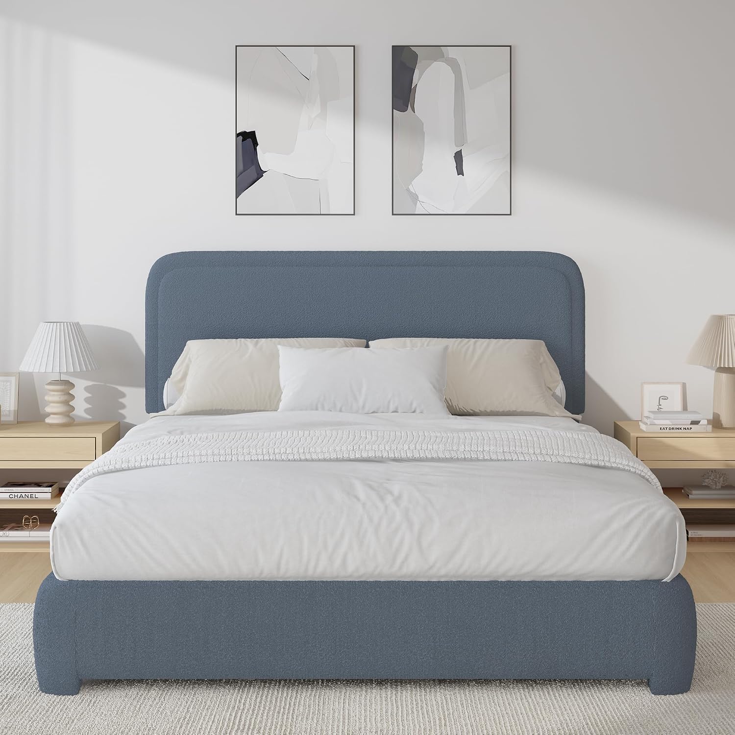 BarnFurin Full Bed Frame, Cloud Boucle Headboard, Rounded Corners, White | Soft boucle and rounded edges create a low-profile cloud look. Wooden slats support the mattress without a box spring