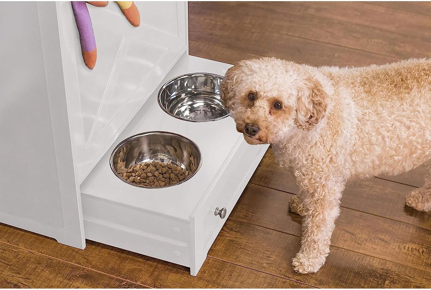 Windsor Pet Feeders with storage - dog bowl stand, pet feeder station, White 13.78?D x 24.02?W x 35.04?H