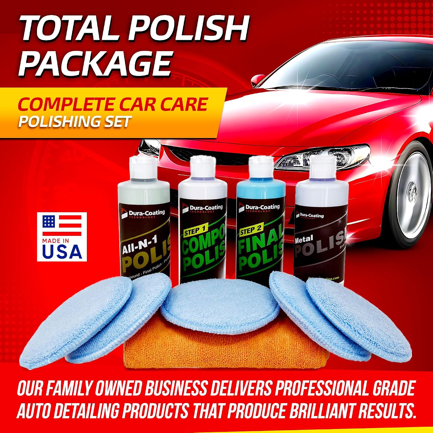Dura-Coating Total Polish Package - Complete Car Care Polishing Set- 16 oz Blue Premium Metal Polish, Step 1 Compound, Step 2 Final Polish