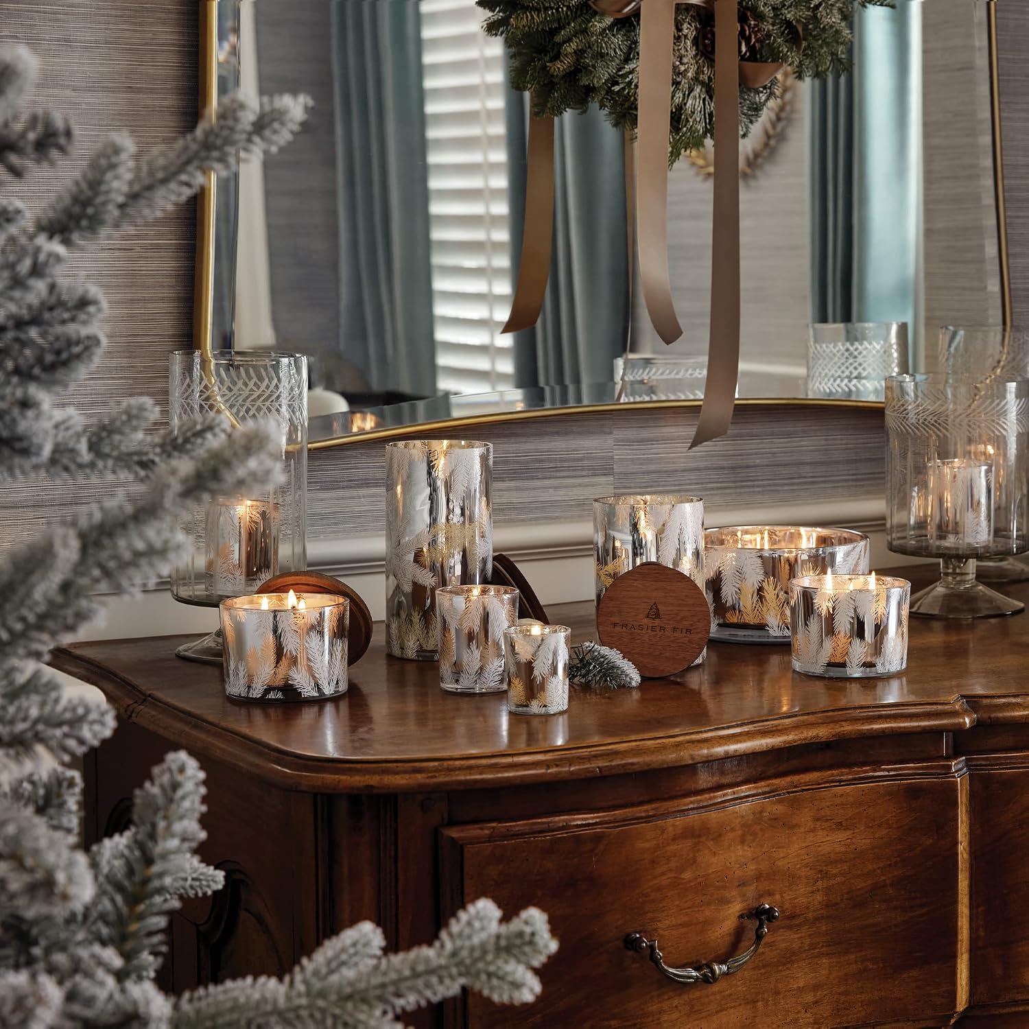 Thymes Frasier Fir Candles - Statement Collection - Silver with Pine Needle Design - Scented Candles for Home Decor - Notes of Siberian Fir Needles, Cedarwood & Sandalwood - Large 4 Wick (40 oz)