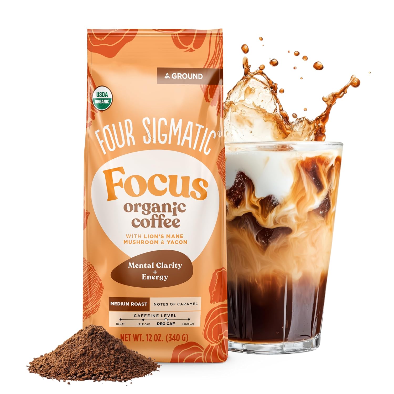 Four Sigmatic Organic Focus Mushroom Ground Coffee | Dark Roast, Organic Coffee with Lion's Mane & Chaga Mushroom for Mental Clarity & Energy Support | 12oz Bag