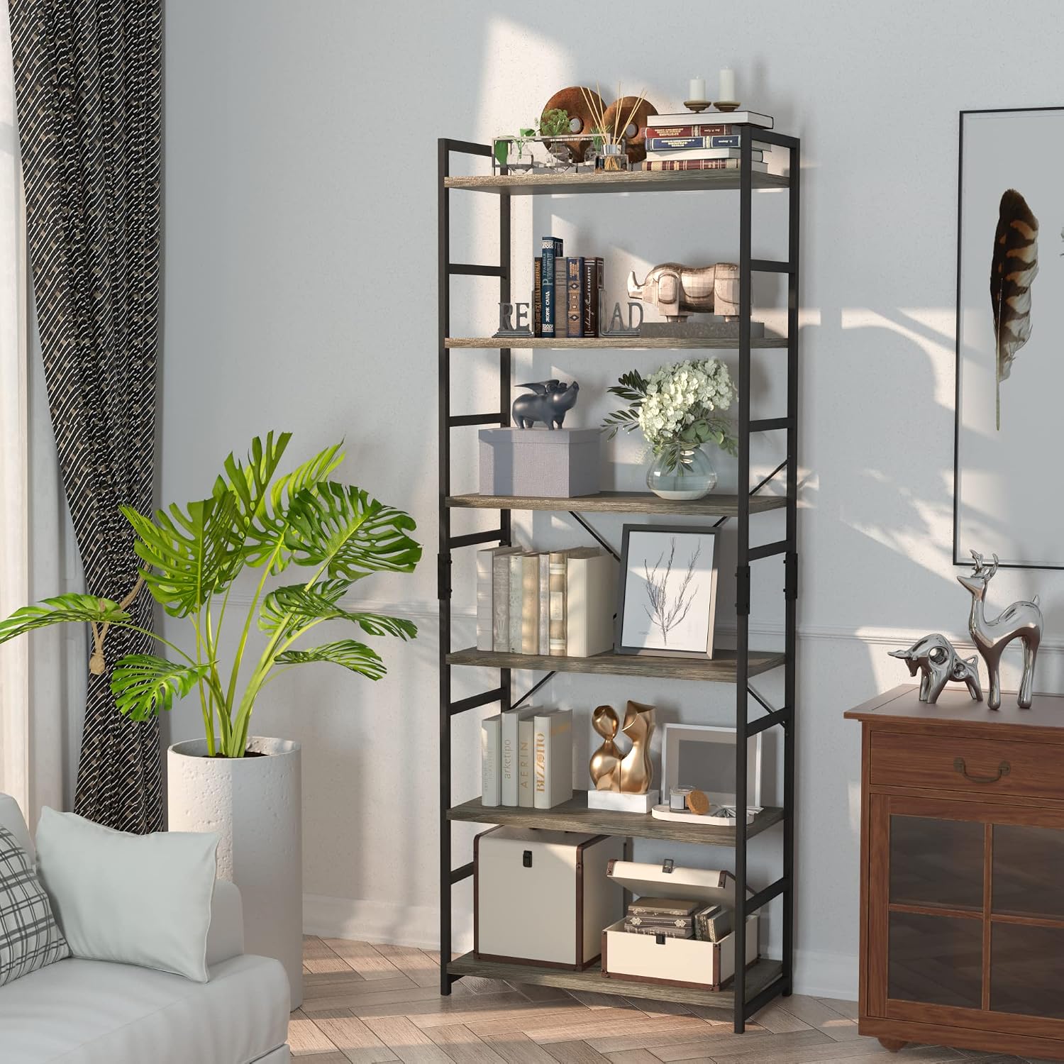 NUMENN 5 Tier Bookshelf, Tall Freestanding Open Storage Bookcase, Vintage