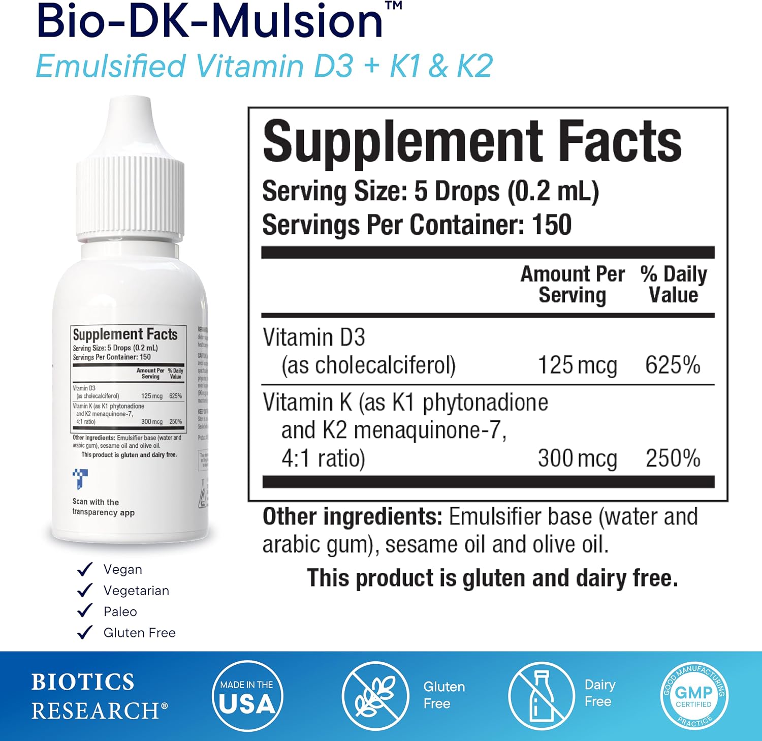 BIOTICS RESEARCH Bio-DK-Mulsion™ Liquid Vitamin D3 5000 IU, K1,K2 300mcg