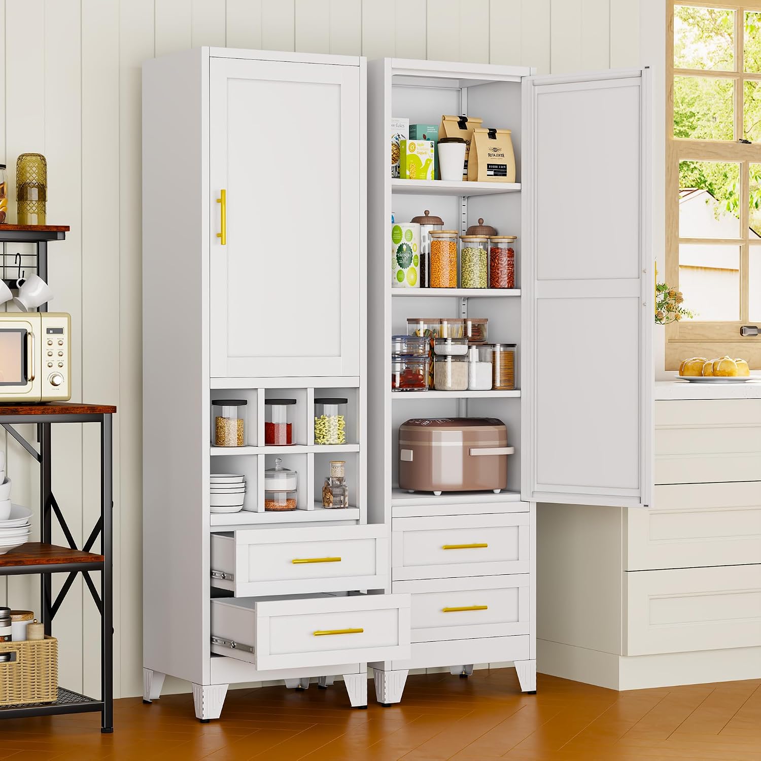 pozdeg 67" Tall Narrow White Metal Storage Cabinet | 2 Doors, 4 Adjustable Shelves, Freestanding Slim Pantry Organizer for Bathroom Kitchen Living Room