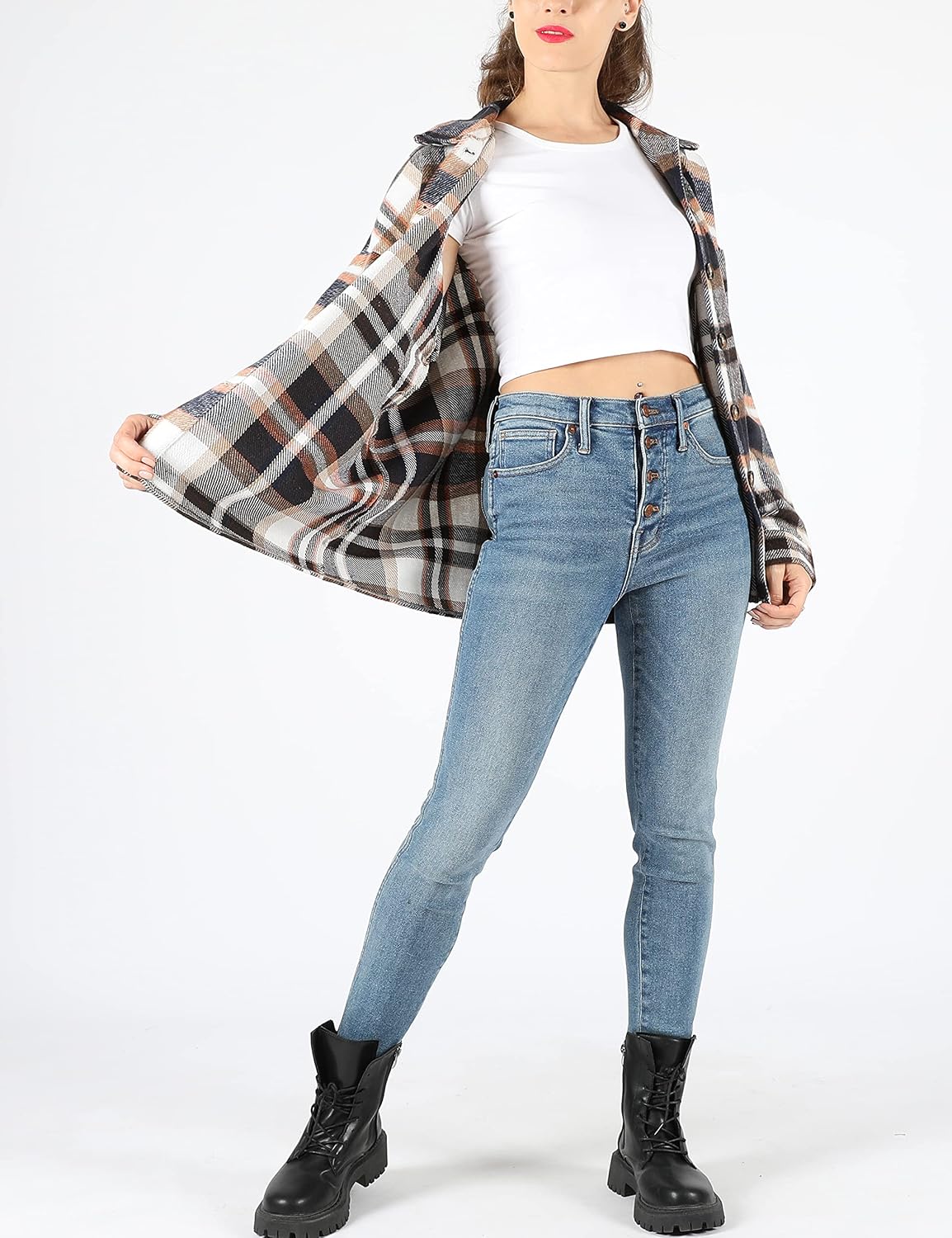 Yeokou Women's Plaid Flannel Shacket Oversized Button Down Long Sleeve Shirt Jacket Casual Spring Fall Outfits