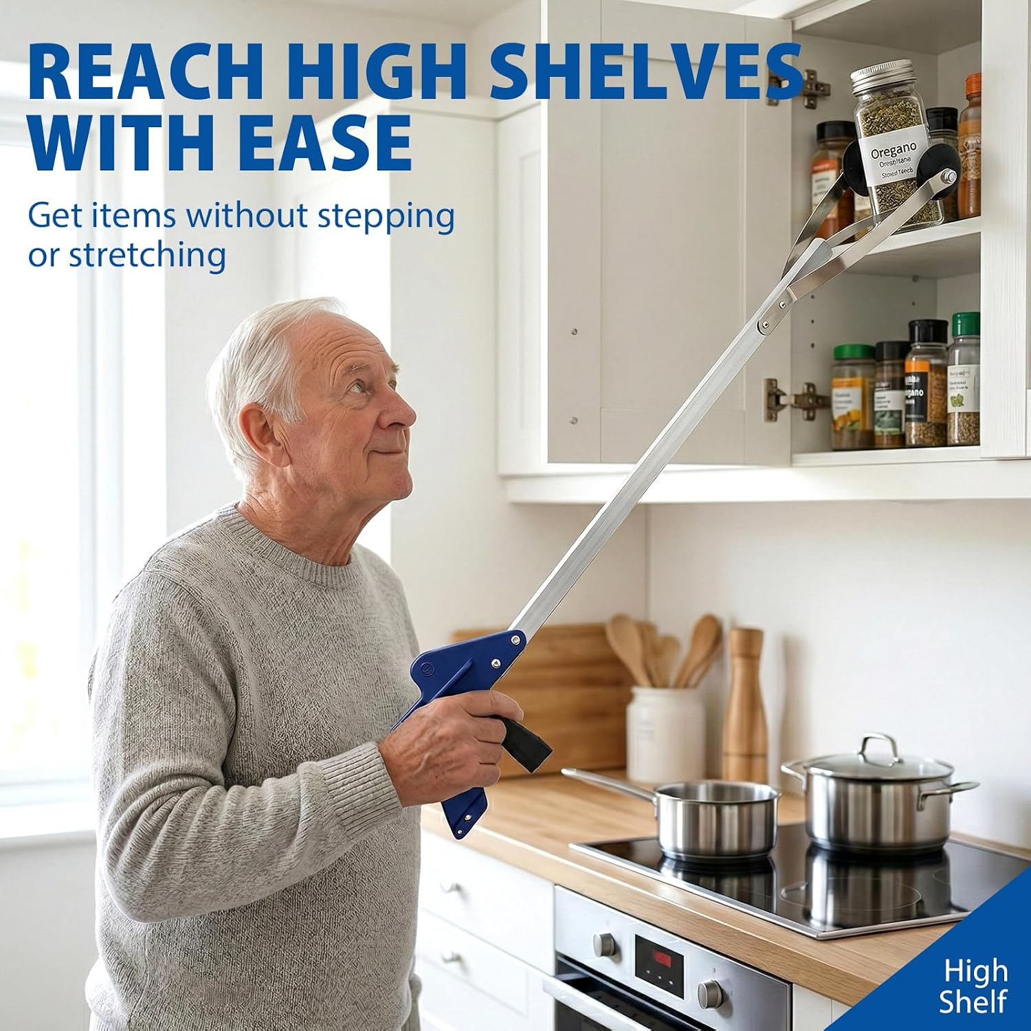 Blue Jay 30 Inch Reacher Grabber Tool with Rubber Suction Cups, Lightweight Long Arm Trash Picker Upper, Multipurpose Extending Reach Assist Stick, Mobility Aid for Seniors and Adults