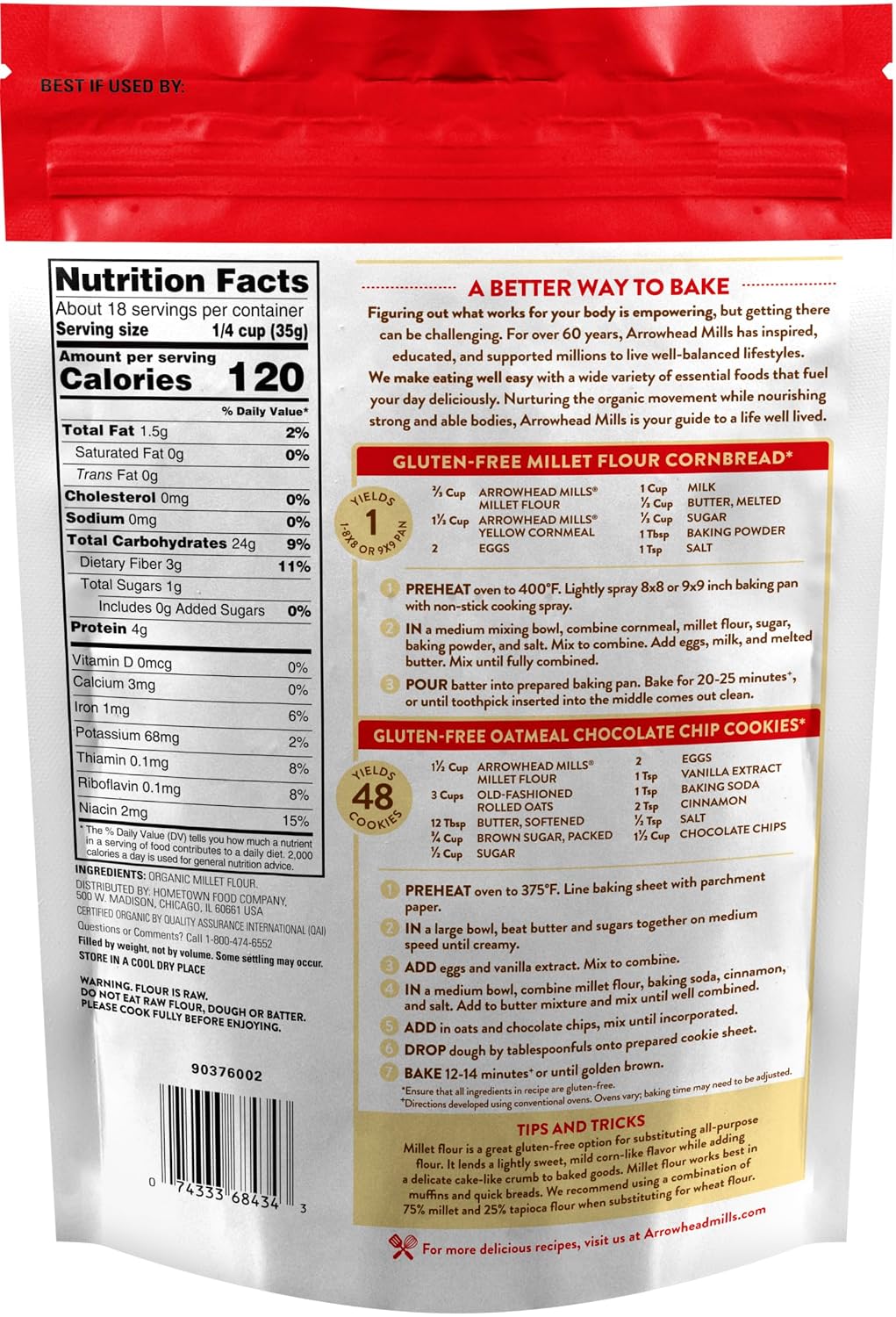 Arrowhead Mills Organic Gluten Free Millet Flour, 23 oz Bag
