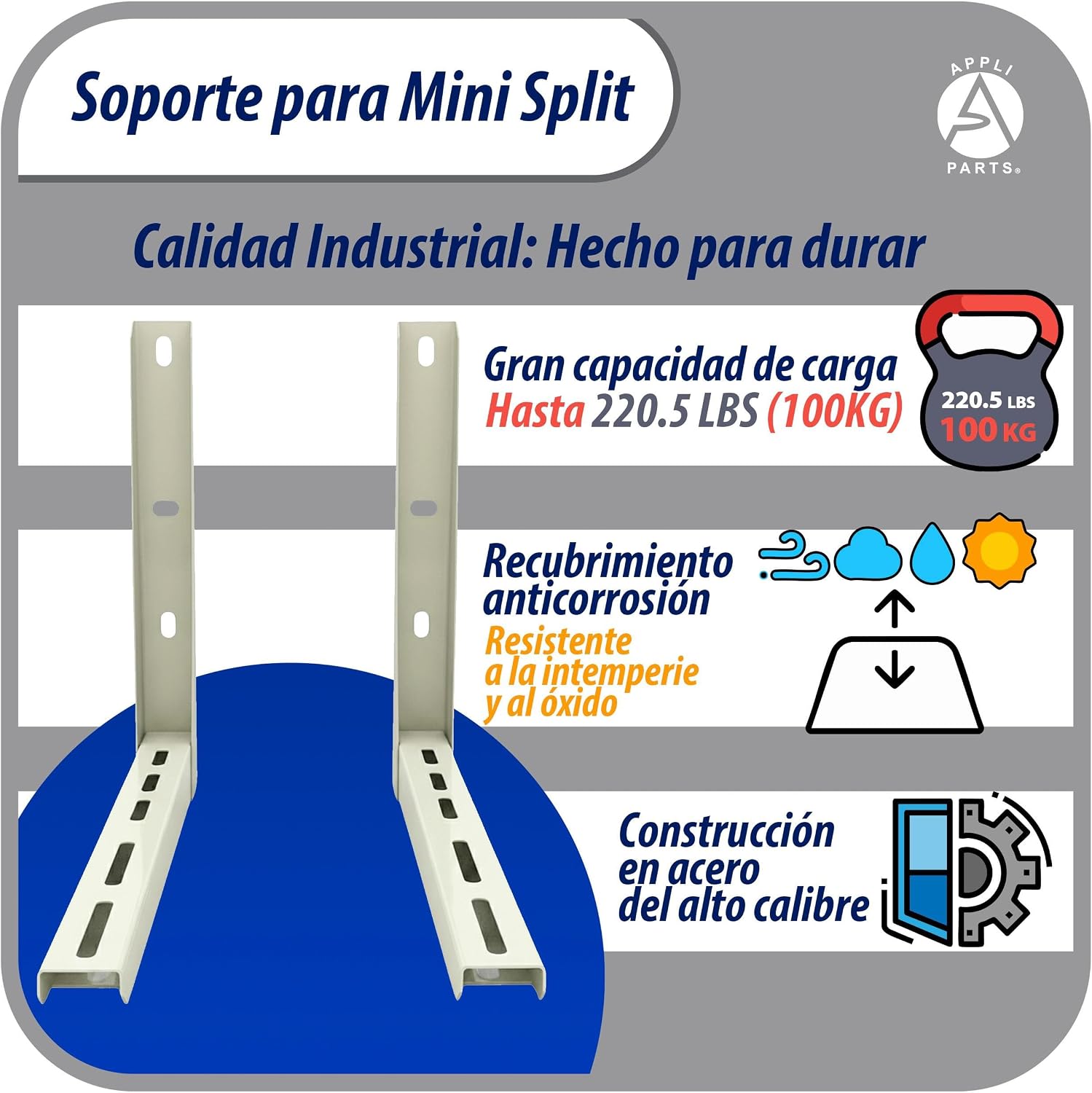Appli Parts APAB-3160 Mini Split Wall Mounting Bracket, Heavy Duty Outdoor Support Up to 352 lbs. Fit 5000 to 36000 BTU Units, Includes Level Cross Bar, Anti Vibration Pads and Full Installation Kit