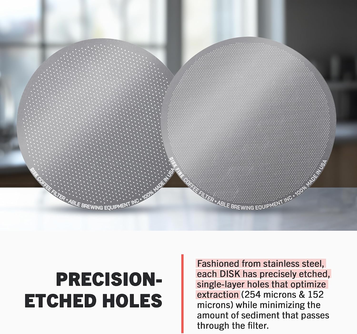 Able - DISK Stainless Steel Coffee Filter, AeroPress Coffee Maker-Compatible, AeroPress Accessories for Home & Cafes, 2.45” Reusable Coffee Filters (254-Micron Standard + 152-Micron Fine), Pack of 2