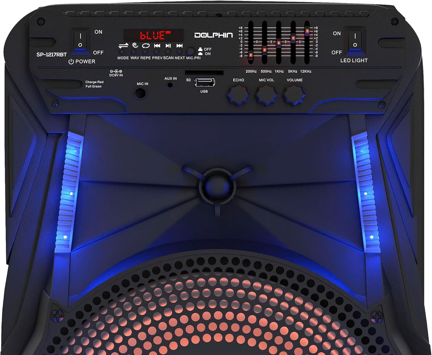 Dolphin Large Bluetooth Party Speaker with Trolley & Wheels, 12" Woofer | WaveSync Pairing, 5-Band EQ, Piezo Tweeter, USB, SD, FM & AUX Inputs