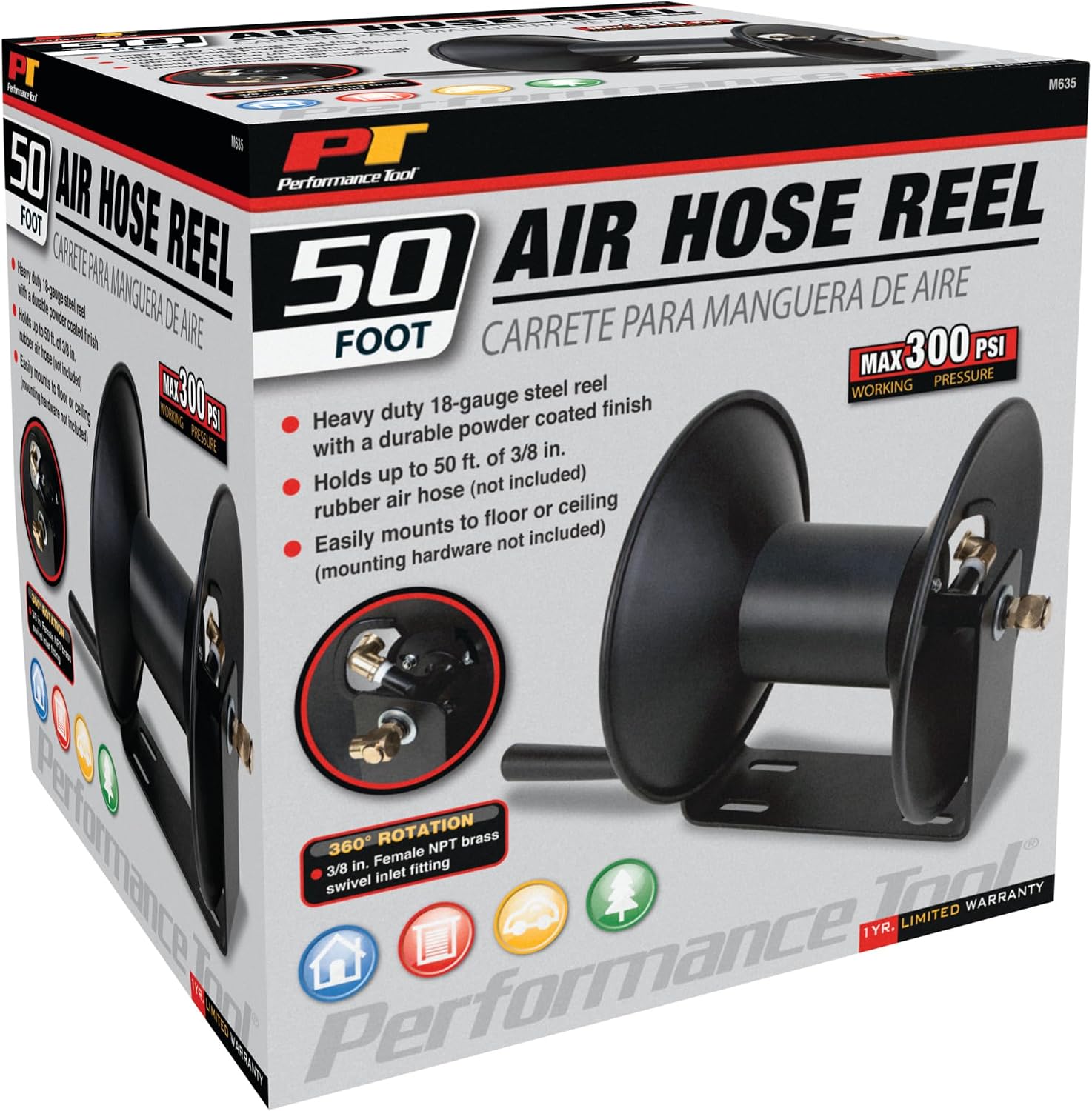 Performance Tool M635 50 ft. 18-Gauge Steel Air Hose Reel | Durable powder coated finish. Holds up to 50-ft of 3/8-in compressor hose (not included). 3/8-in female NPT swivel. Reel only