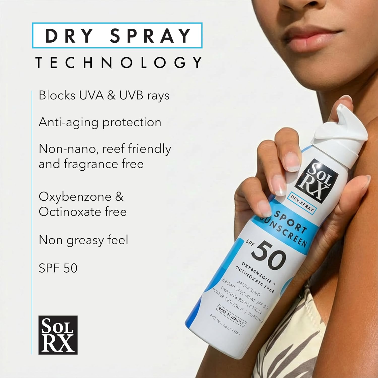 SolRX SPORT SPRAY SPF 50 Sunscreen Spray, Reef Friendly Face & Body | 360 Degree Multi-Angle Nozzle, Designed For Easy Application, Outdoor Activities