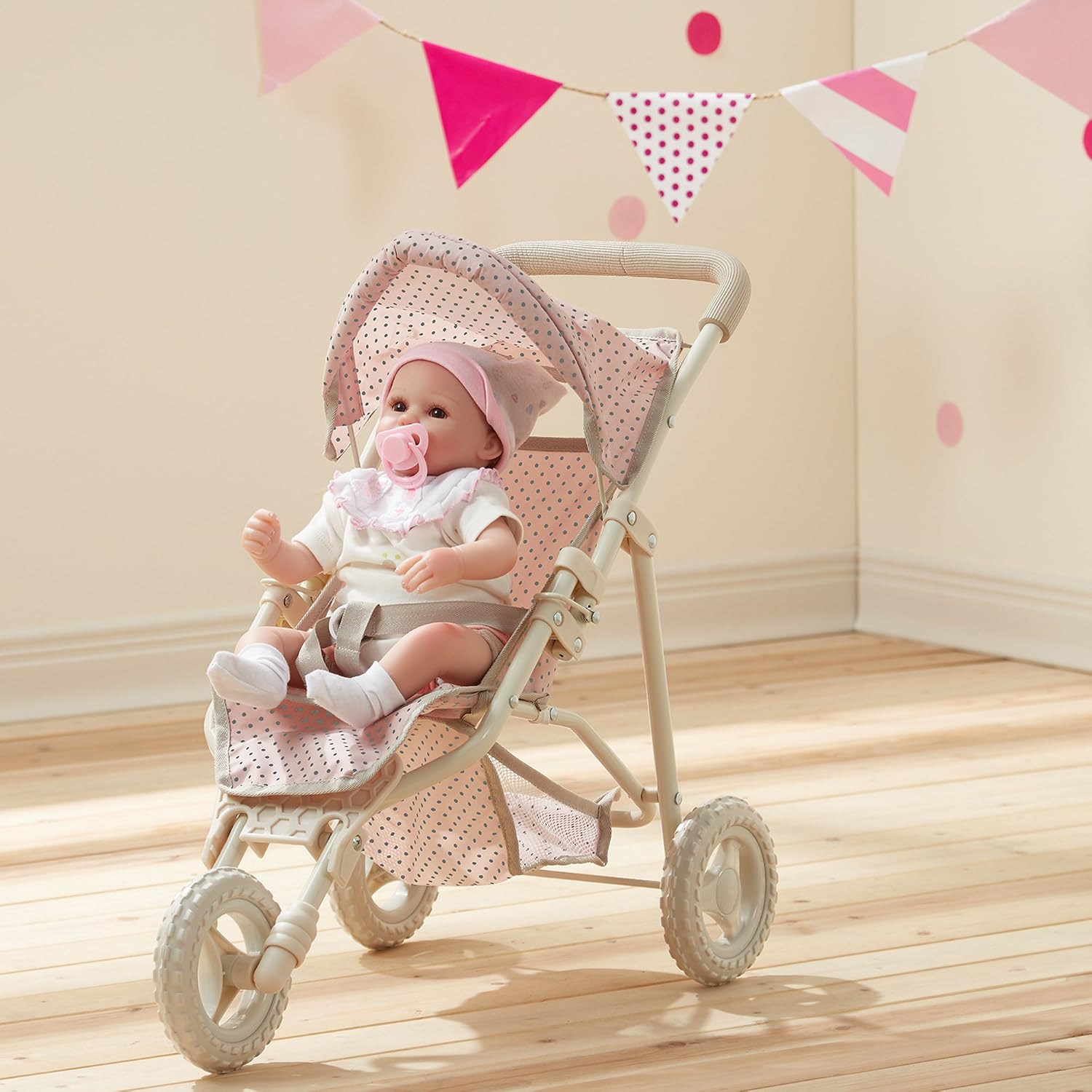 Olivia's Little World Doll Jogging-Style Stroller with Canopy, Storage Underneath, Pink and Cream and Gray | Canopy, Storage Underneath