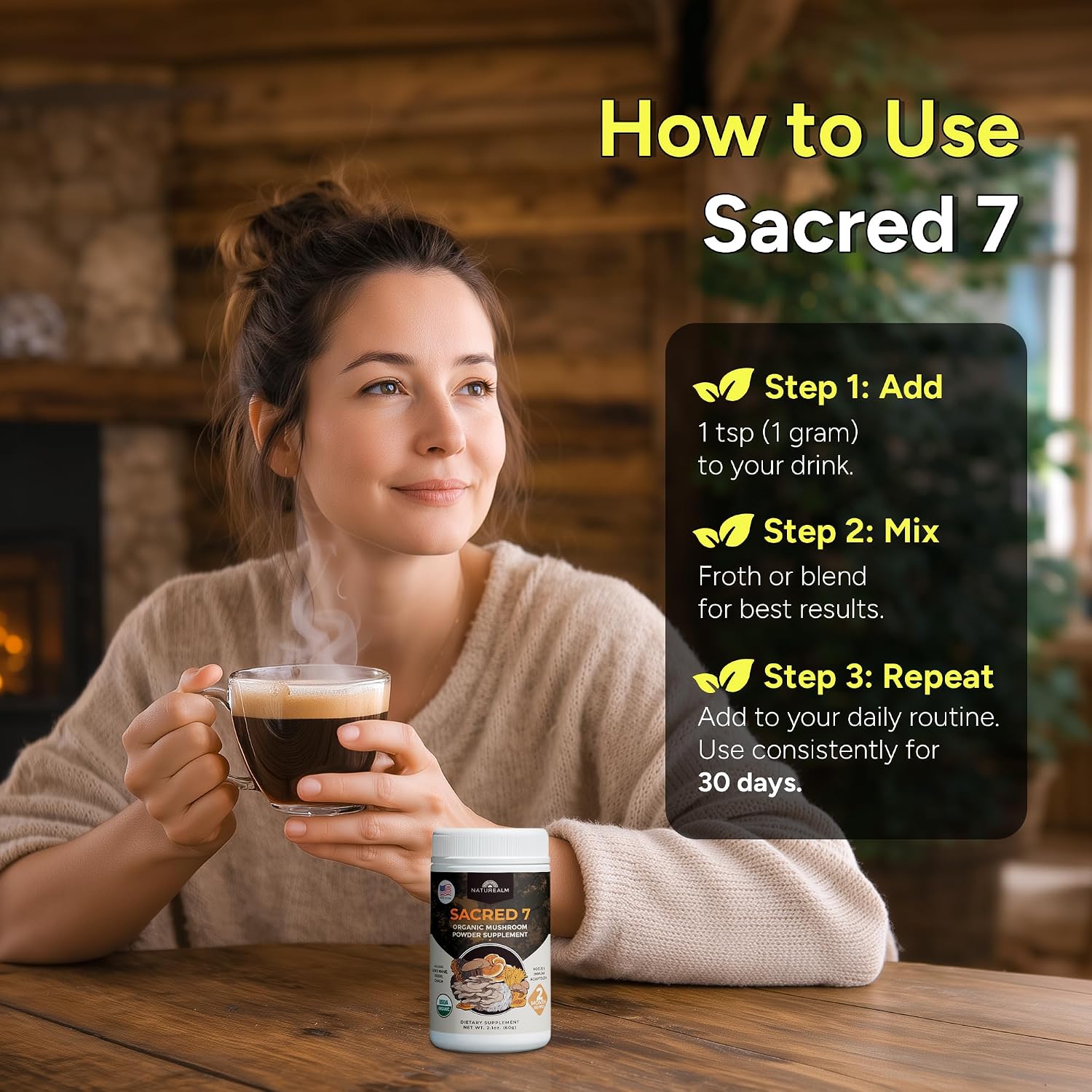 Sacred 7 Brain Mushroom Powder, Organic 7-in-1 Blend 226 Servings | Seven fruiting body extracts, lions mane cordyceps reishi, stirs into coffee or smoothies, 1000 mg scoop