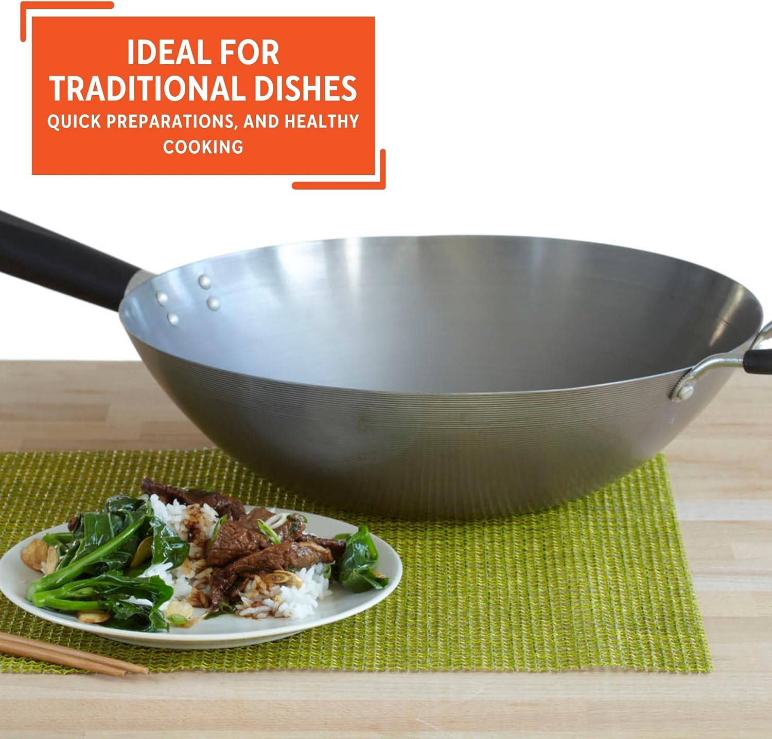 IMUSA 9.5 Inch Carbon Steel Nonstick Wok with Cool-touch Handle, Black | Cool-Touch Handle, Ideal for Stir Fry, Great for Everyday Meals