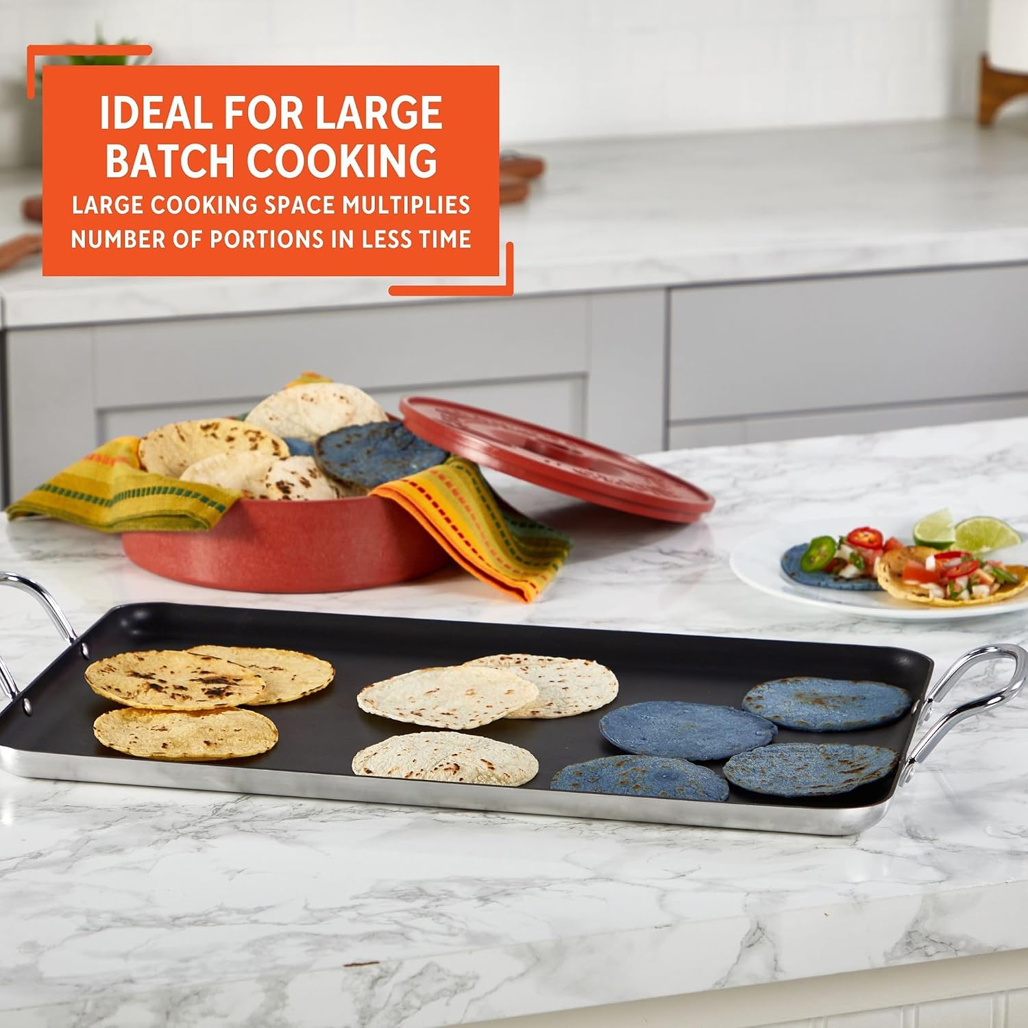 Imusa Double Burner Griddle Non-Stick 20-Inch, Black | Nonstick Coated Surface, Dual Side Handles, Ideal for Breakfast Foods, Perfect for Gatherings