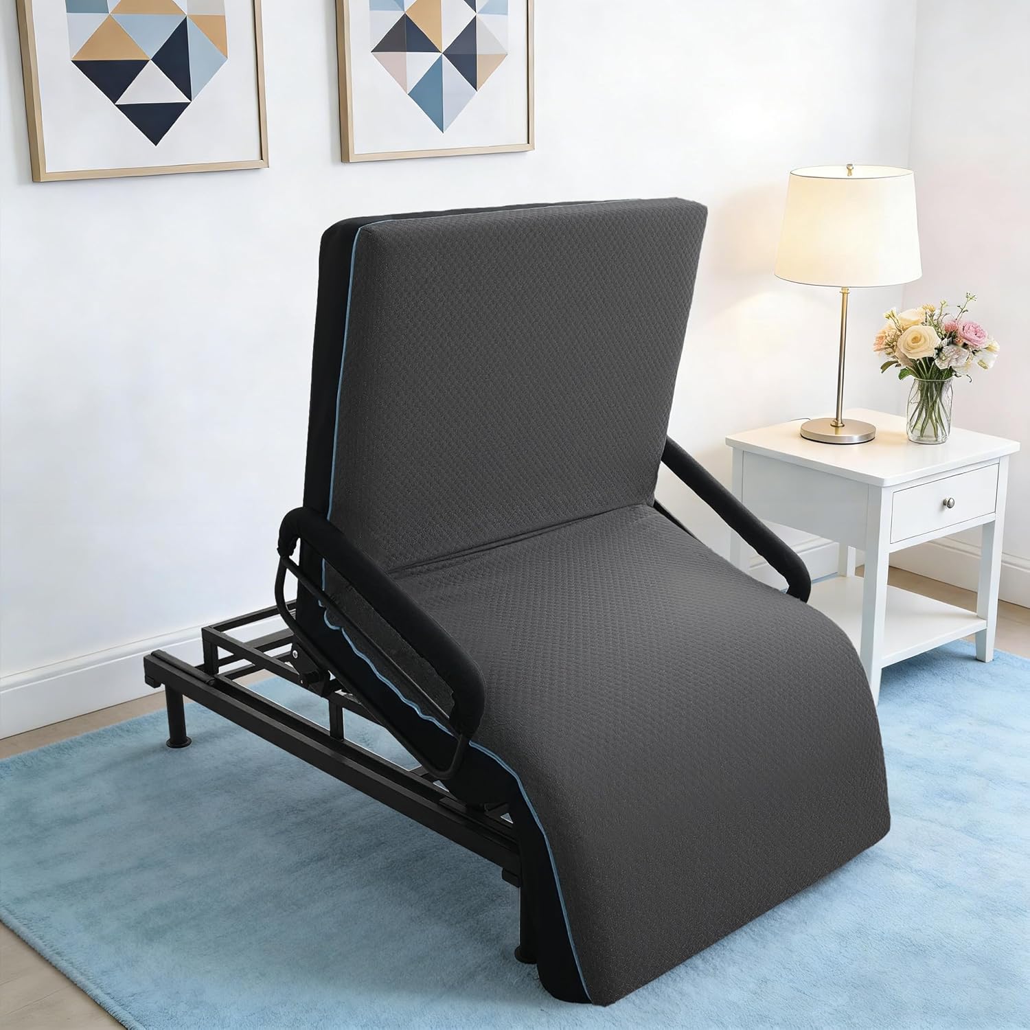 Electric Lift Bed for Elderly, Remote Control Adjustable Bed with 5.91" Mattress, Quiet Motor and Removable Tray, Zero Gravity Position Bed Frame Suitable for Hospital/Home Care