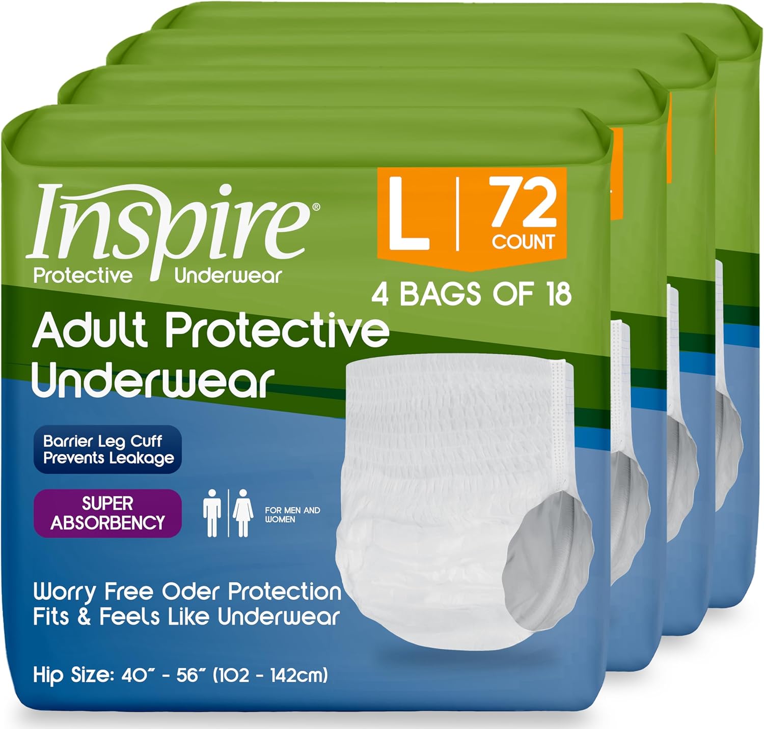 Inspire Protective Underwear for Men and Women with Incontinence | Adult Diapers | Disposable Underwear for Adults | Adult Pull Ups - 4 Bags of 14 | 56 Total (Extra Large)