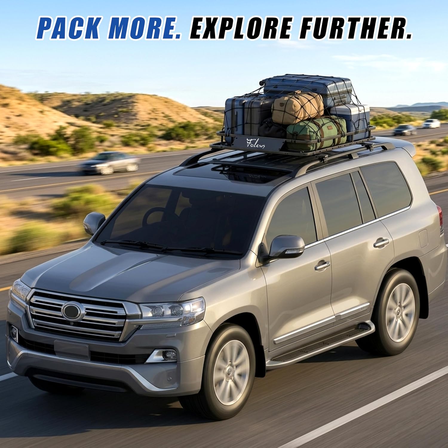 Folews Car Roof Basket 51 x 36 x 6 Inch, Heavy Duty 250LB Cargo Carrier | Roof Rack Basket, Universal Fit, Rooftop Cargo Rack Basket Steel Luggage Holder for SUV, Truck & Pickup