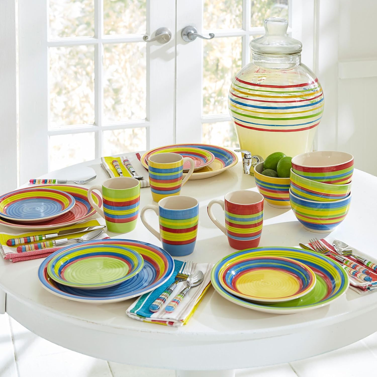 BrylaneHome 16 Piece Santa Fe Hand-Painted Striped Stoneware Dinnerware Set - Multi Stripe