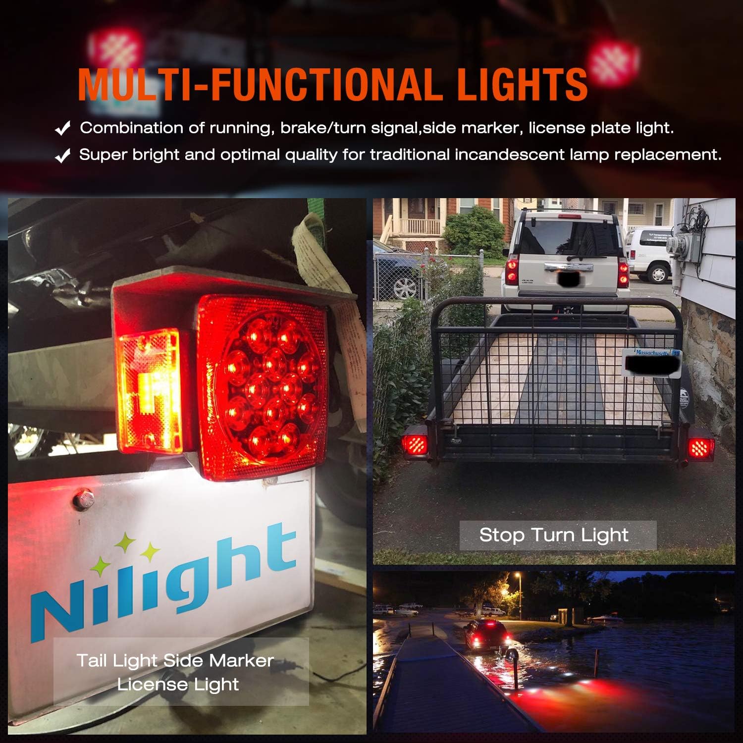 Nilight Square Submersible LED Trailer Light Kit,IP68 Waterproof 2PCS