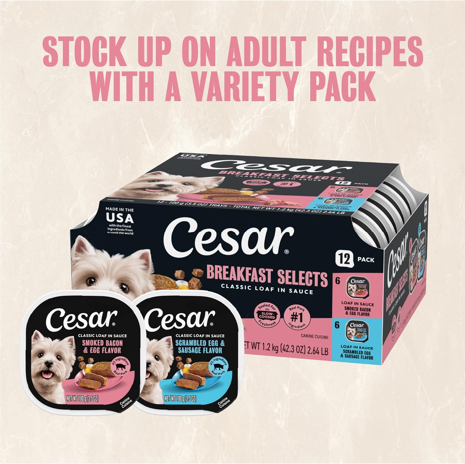 Cesar Classic Loaf Wet Dog Food, Meaty Selects, 3.5 oz, 12 Count, 2-Pack | Made in USA, Filet Mignon & Porterhouse Steak flavors, real beef #1 ingredient, no artificial flavors, easy peel trays