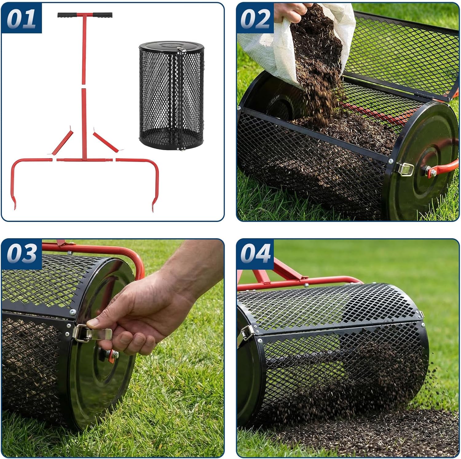 24 Inch Compost Spreader, Metal Mesh Roller Peat Moss Spreader with Adjustable T-Handle, Powder-Coated Lawn Seeder for Topsoil, Grass Seed