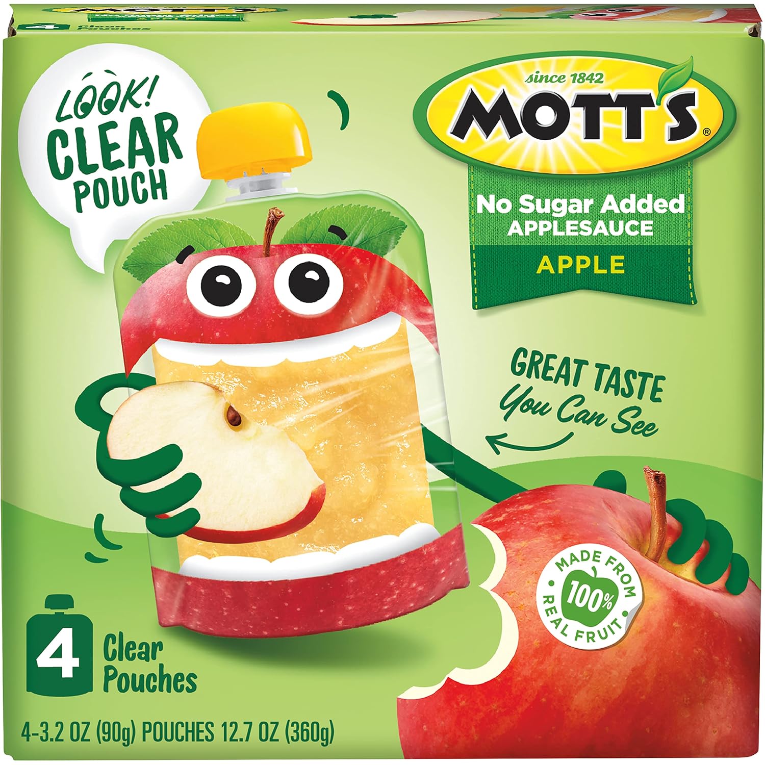 Mott's No Sugar Added Strawberry Applesauce, 3.2 Oz Clear Pouches, 48 Count (4 Packs Of 12), Good Source Of Vitamin C, No Artificial Flavors