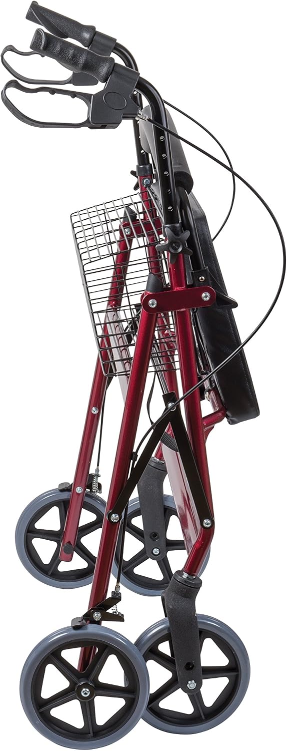 DMI Extra-Wide Heavy Duty Steel Bariatric Mobility Rollator Walker with Seat and Basket, Burgundy, Folding
