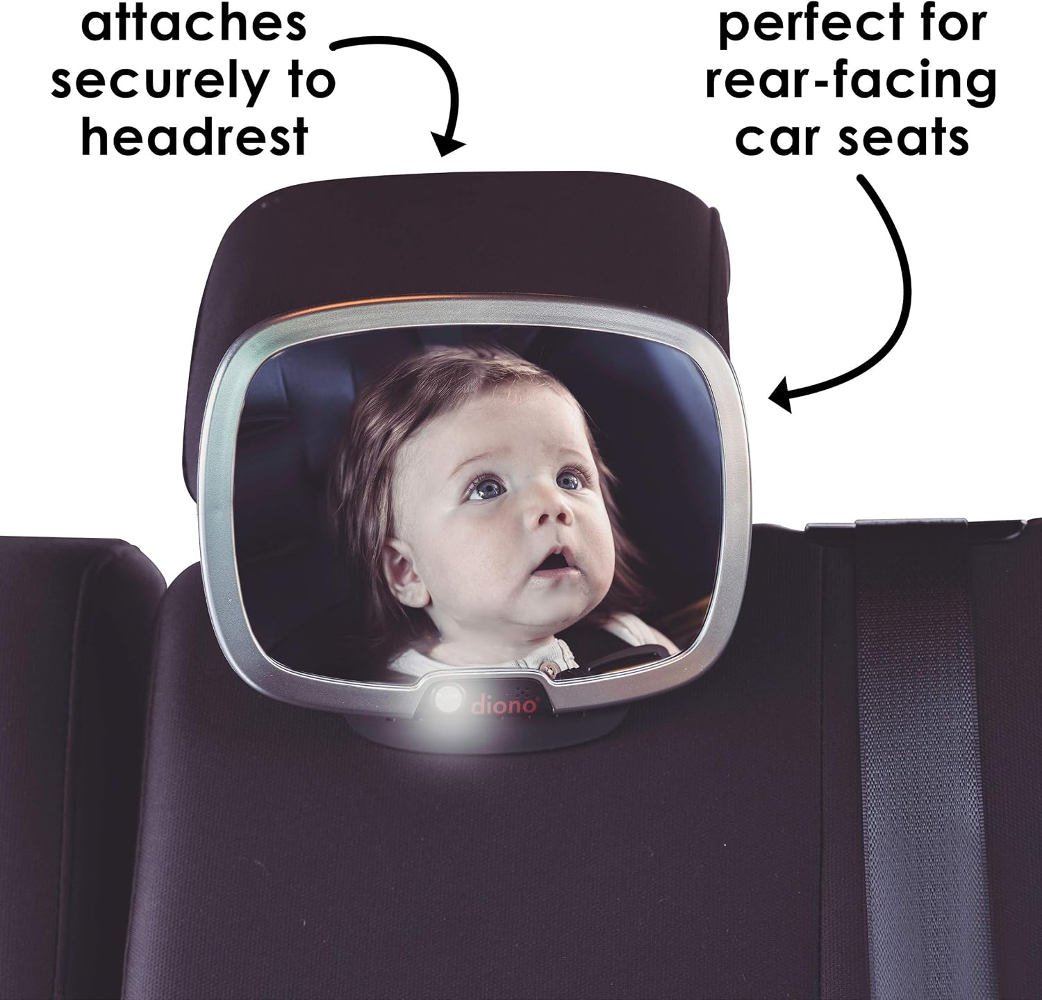 Diono Easy View Plus Baby Car Mirror with Light, Safety Car Seat Mirror for Rear Facing Infant with 360 Rotation, LED Night Light