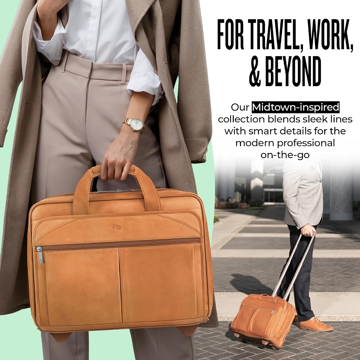 Solo New York Leather Rolling Case with Wheels - Roller Laptop Bag, Wheeled Briefcase for Women & Men, Carry On Size for Travel