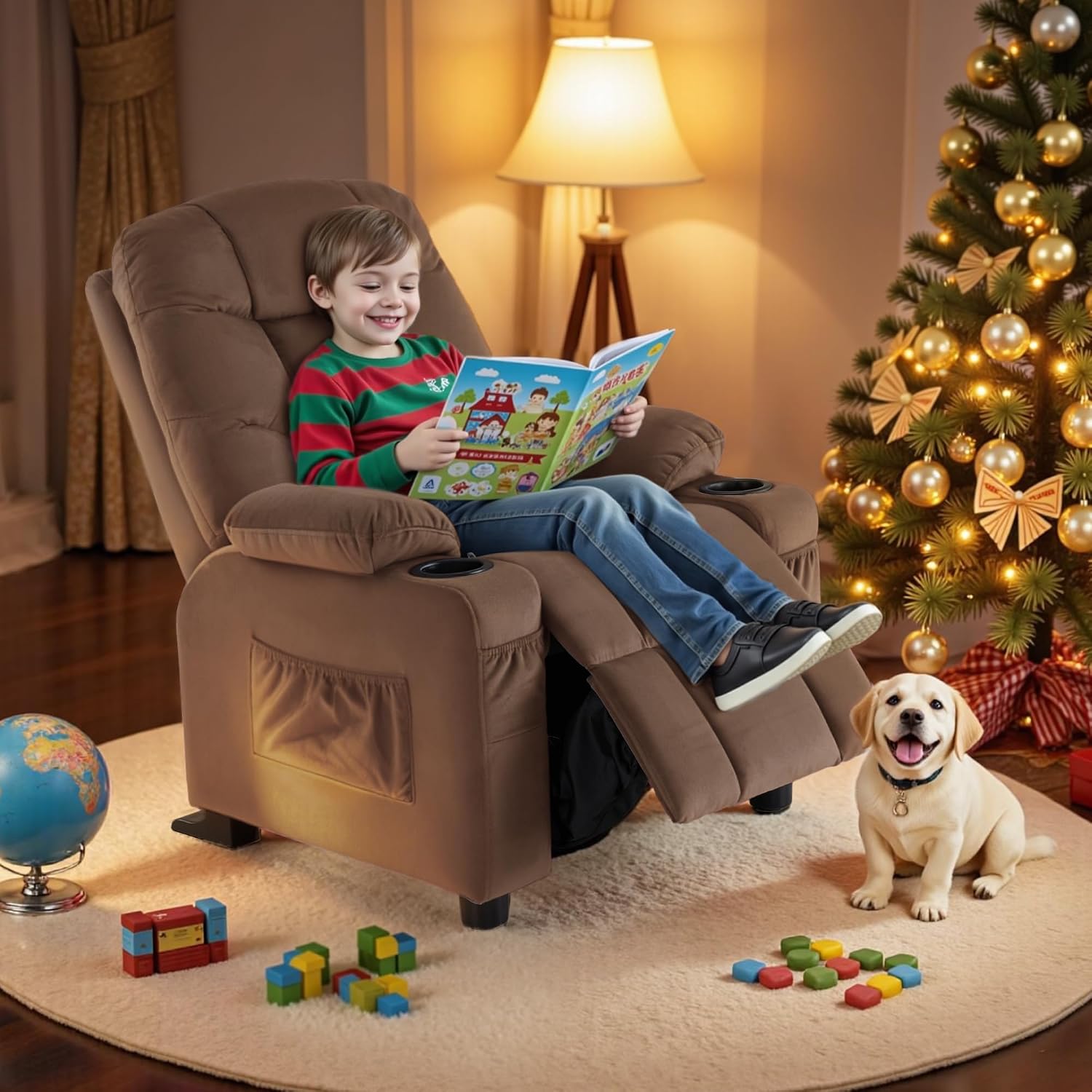 MCombo Big Kids Recliner for Ages 3+, Toddlers Recliner 7355 Velvet, Blue