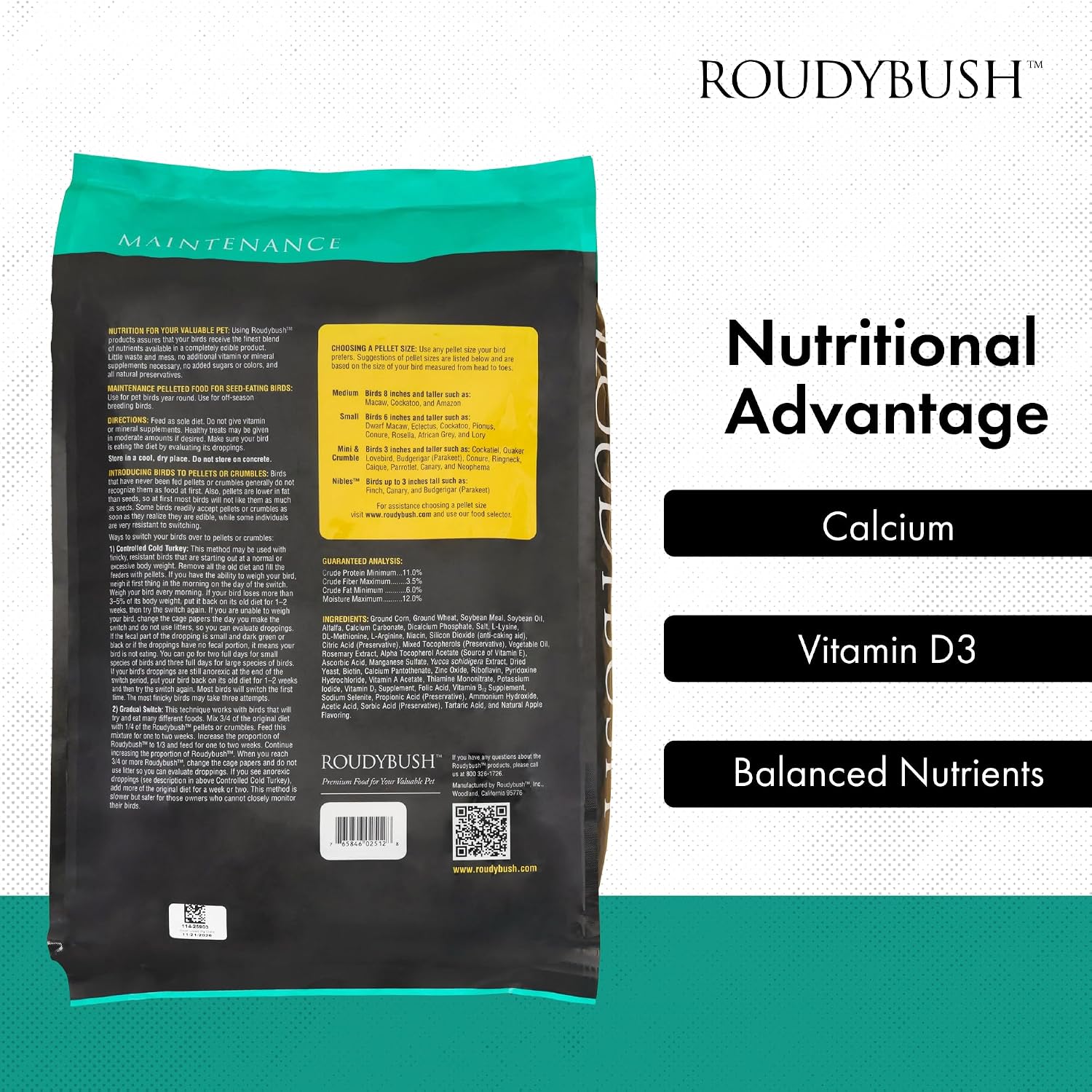 RoudyBush Daily Maintenance Food for Birds - Scientifically Formulated Bird Feed - Bird Food Pellets w/Corn, Wheat, Soy & More - Nutritious & Healthy Feed for Birds (Mini, 44oz)