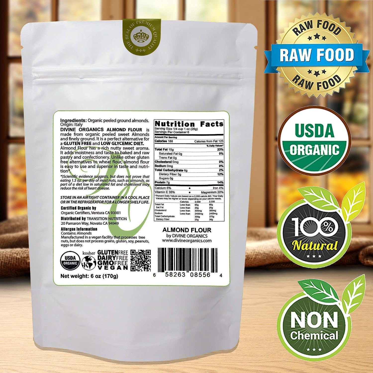 6 oz Organic Almond Flour Powdered Gluten Free Low Glycemic Non-GMO by Divine Organics