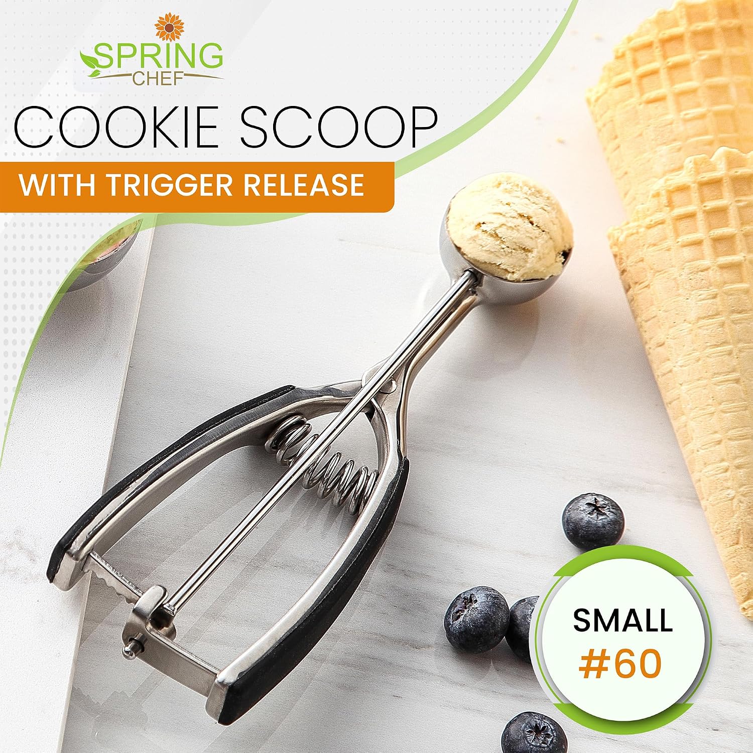 Spring Chef Medium Stainless Steel Cookie Scoop, #40, 1.7 Tablespoon, Black