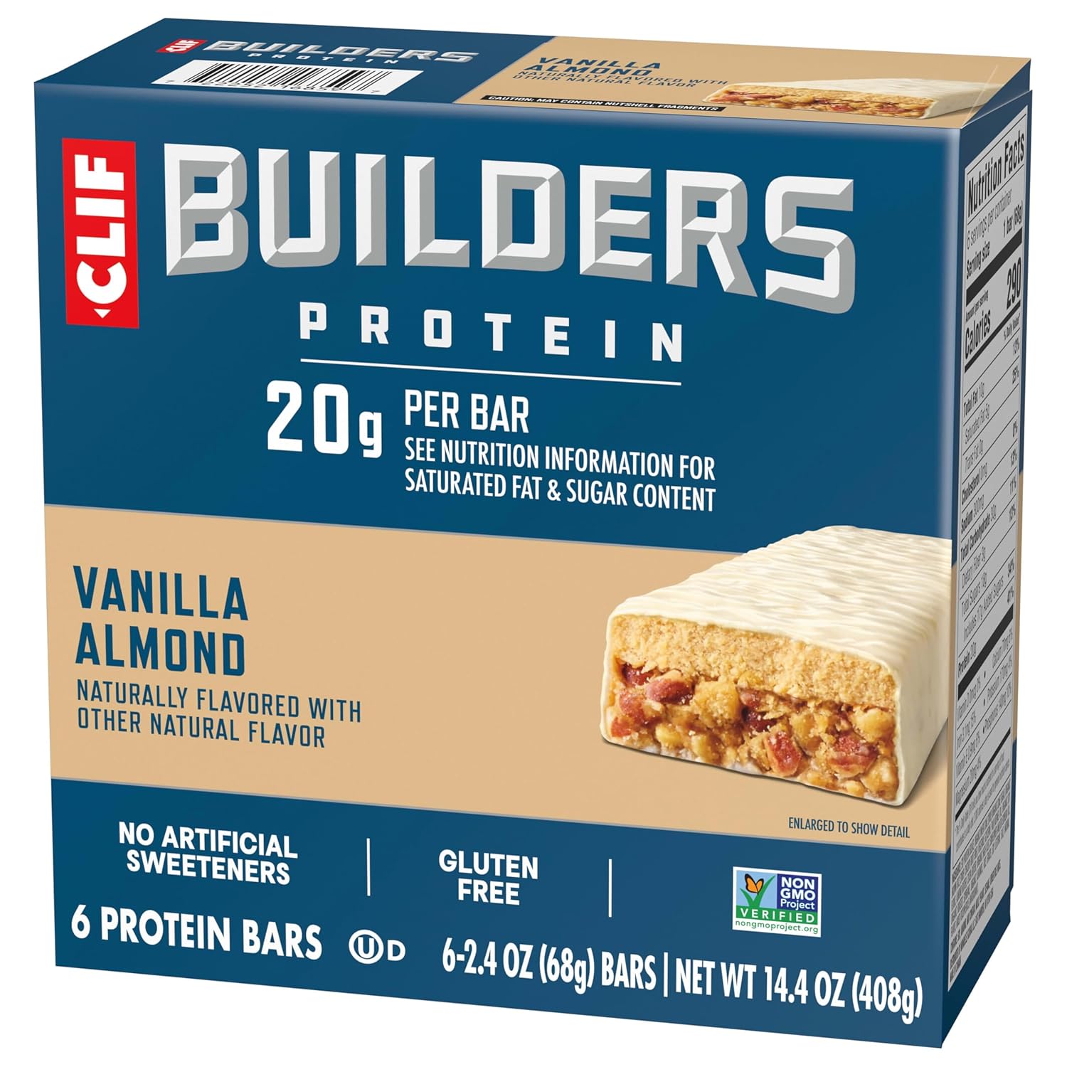 CLIF BUILDERS Protein Bars - Vanilla Almond Flavor - 20g Plant Based Protein - Gluten Free - Non-GMO - Low Glycemic - No Artificial Sweeteners - 2.4