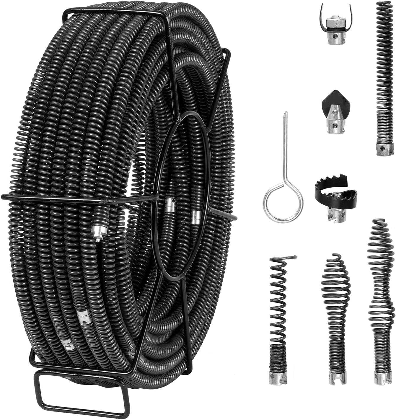 VEVOR Drain Cleaning Cable 100 FT x 5/8 Inch, Professional Sectional Drain Cleaner Cable with 7 Cutters for 0.8" to 3.9" Pipes for Hollow Core Sewer Cleaner Auger Sink, Toilet