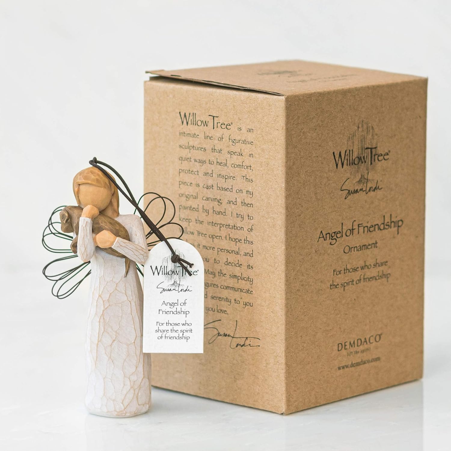 Willow Tree Angel of Friendship Ornament, Sculpted Hand-Painted Figure | Angel Holding a Brown Dog, Cream Dress and Wire Wings, Gift of Friendship