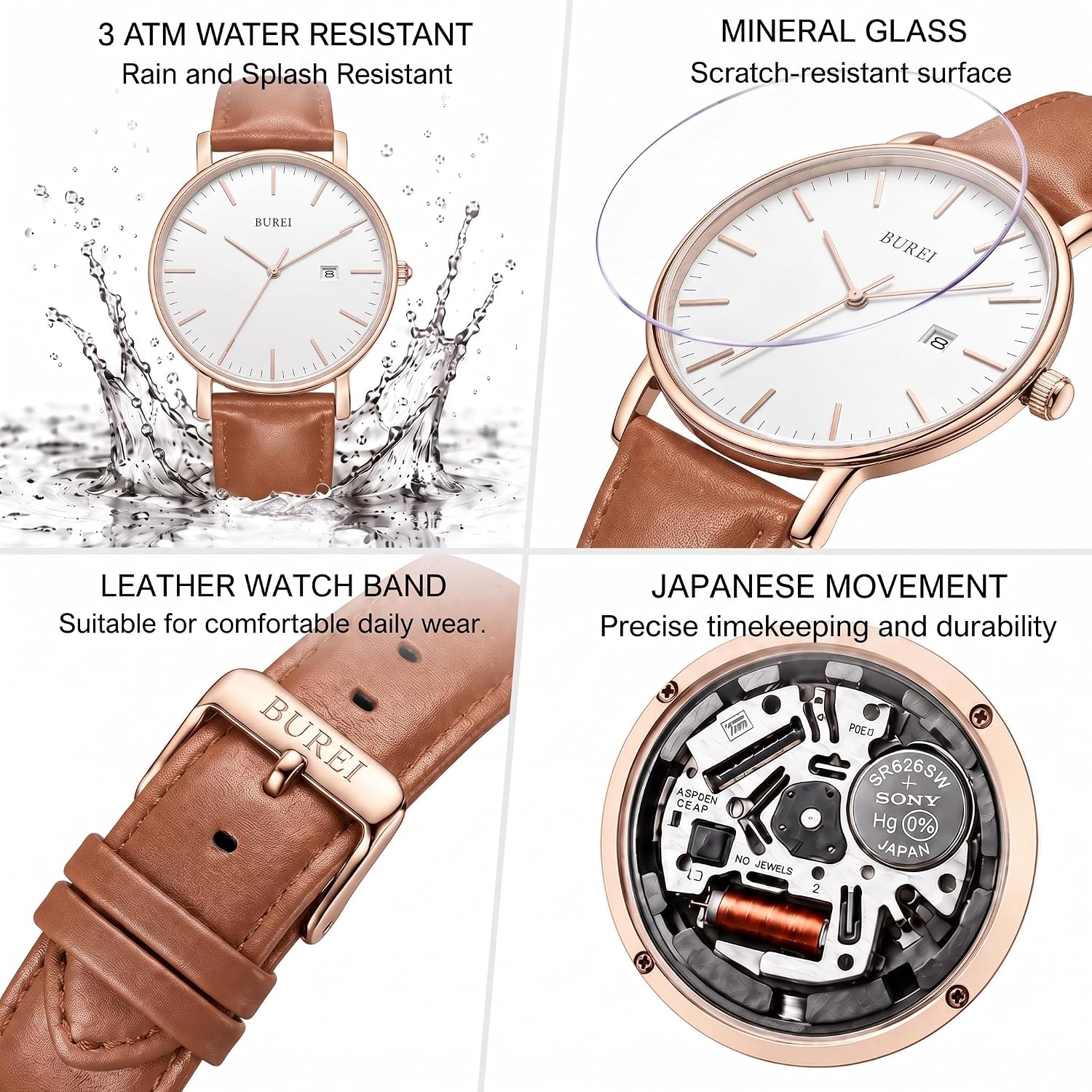 BUREI Men Wrist Watches Fashion Minimalist Thin Analog Quartz Waterproof Watches for Men, Refined Gifts for Men, Boyfriend, Husband, Dad