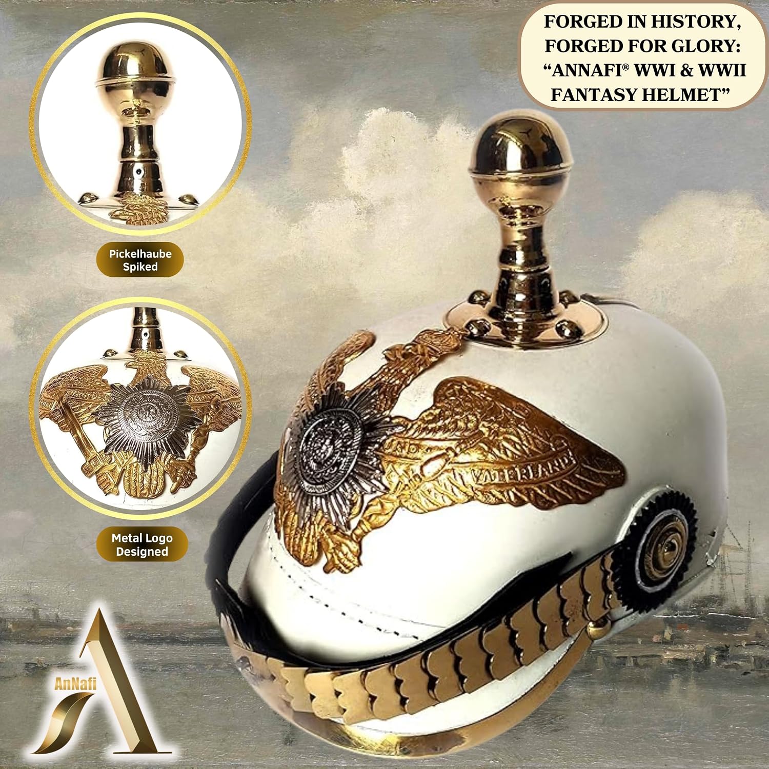 AnNafi® White German Pickelhaube Helmet | Leather Pickelhauben Imperial Prussian Helmets | Brass Military Officer Round Top Men’s Costume | WWI &
