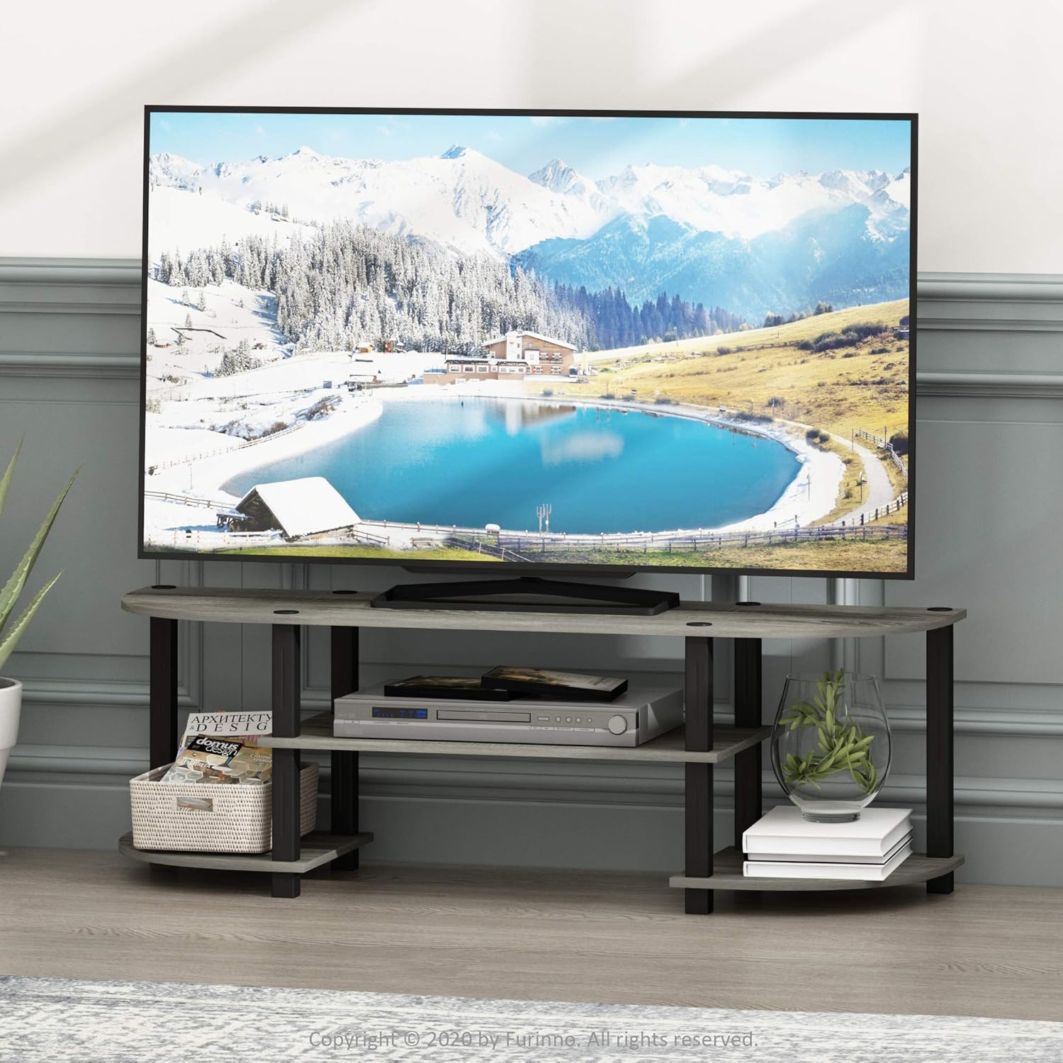 Furinno TURN-S-TUBE 3-Tier TV Stand for TVs up to 55 Inch, French Oak | Toolless Entertainment Center with Open Storage Shelves, Media Console Table with Soundbar Shelf for Living Room, Bedroom